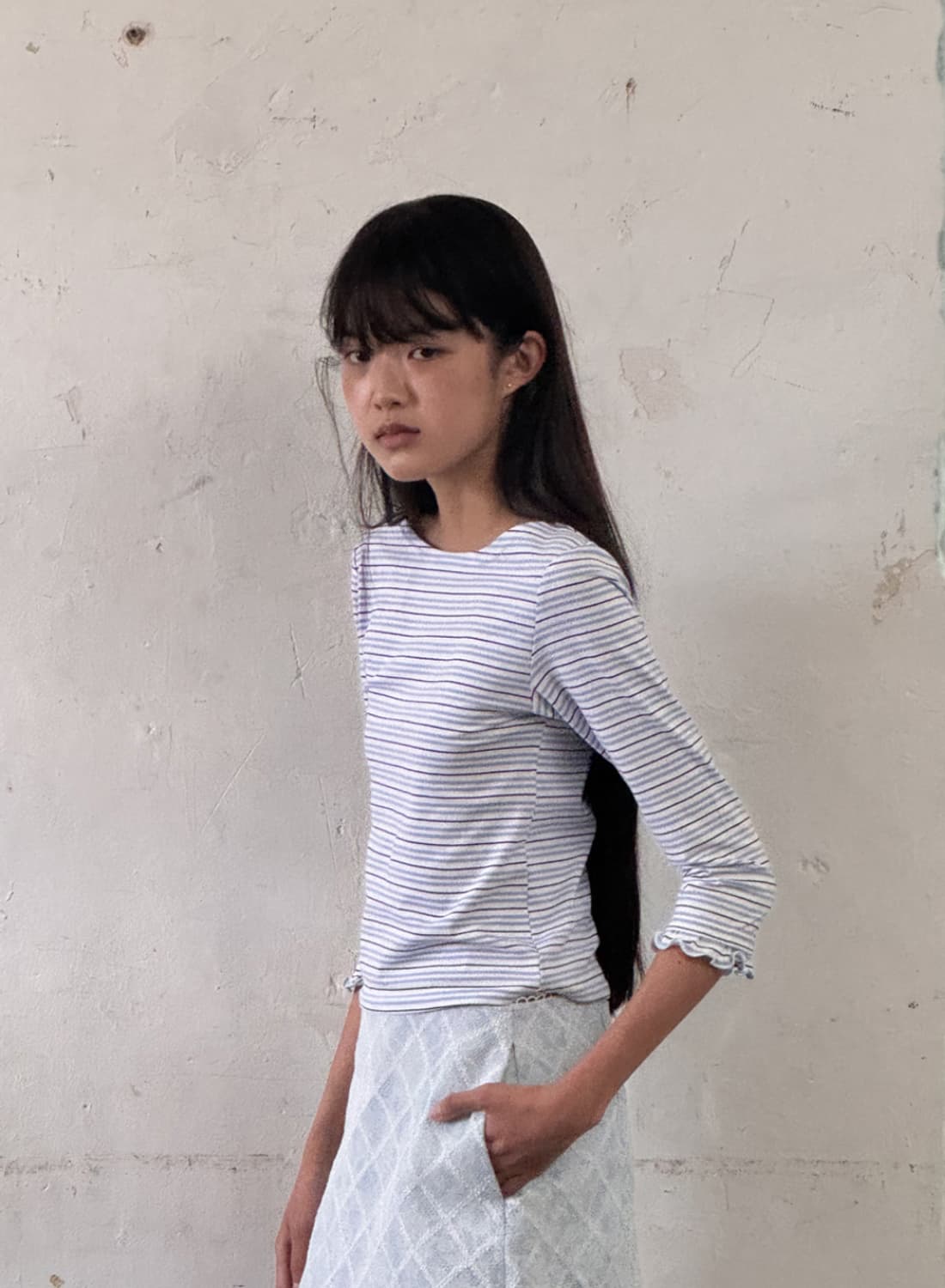 호쿠스포쿠스 슬리브 러플 스트라이프 티 상품이미지1