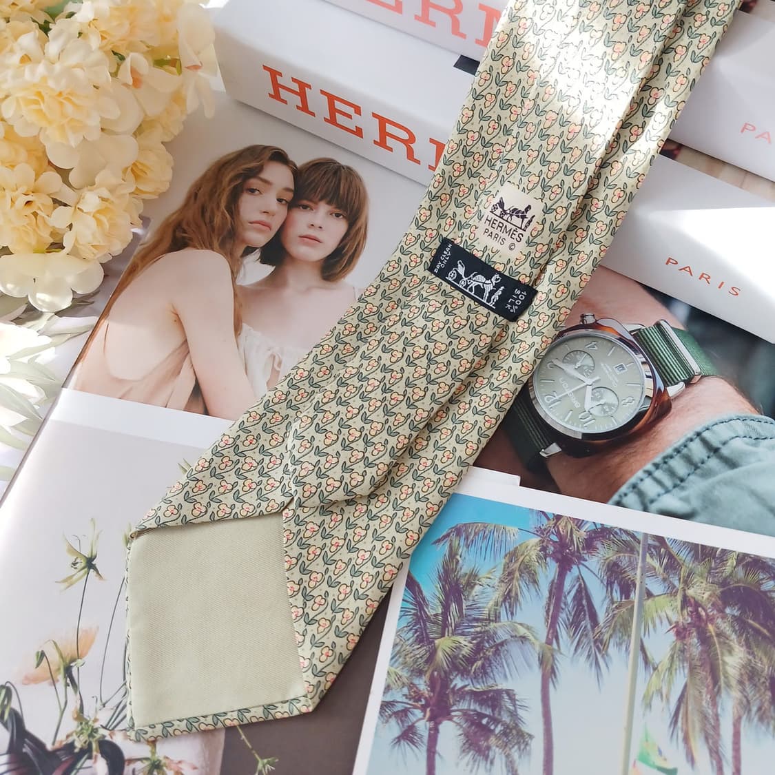 에르메스 실크 파스텔그린 플로럴 넥타이 9.4cm A-등급 A19053
 상품이미지3