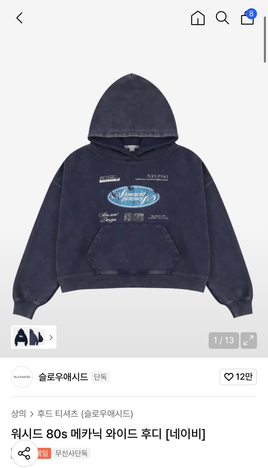 (새상품)(L) 슬로우애시드 워시드 80s 메카닉 와이드 후디 [네이비] 상품이미지1