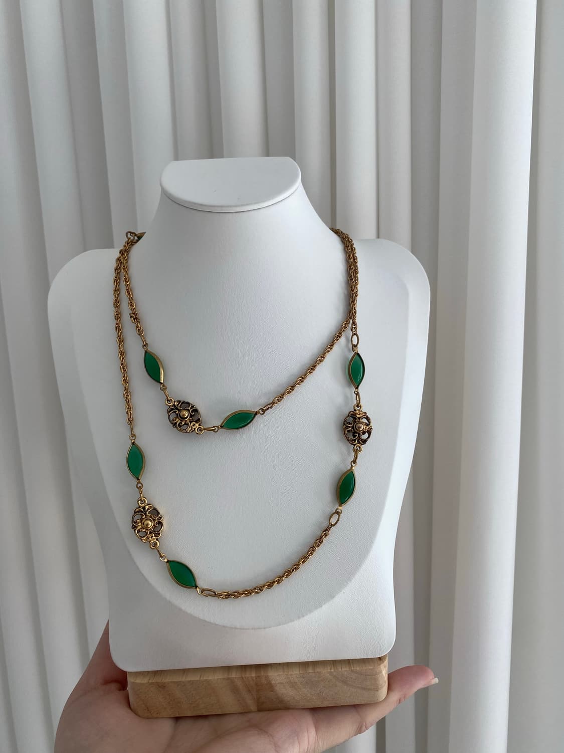 빈티지 그린 플라워 골드 롱 목걸이 상품이미지2