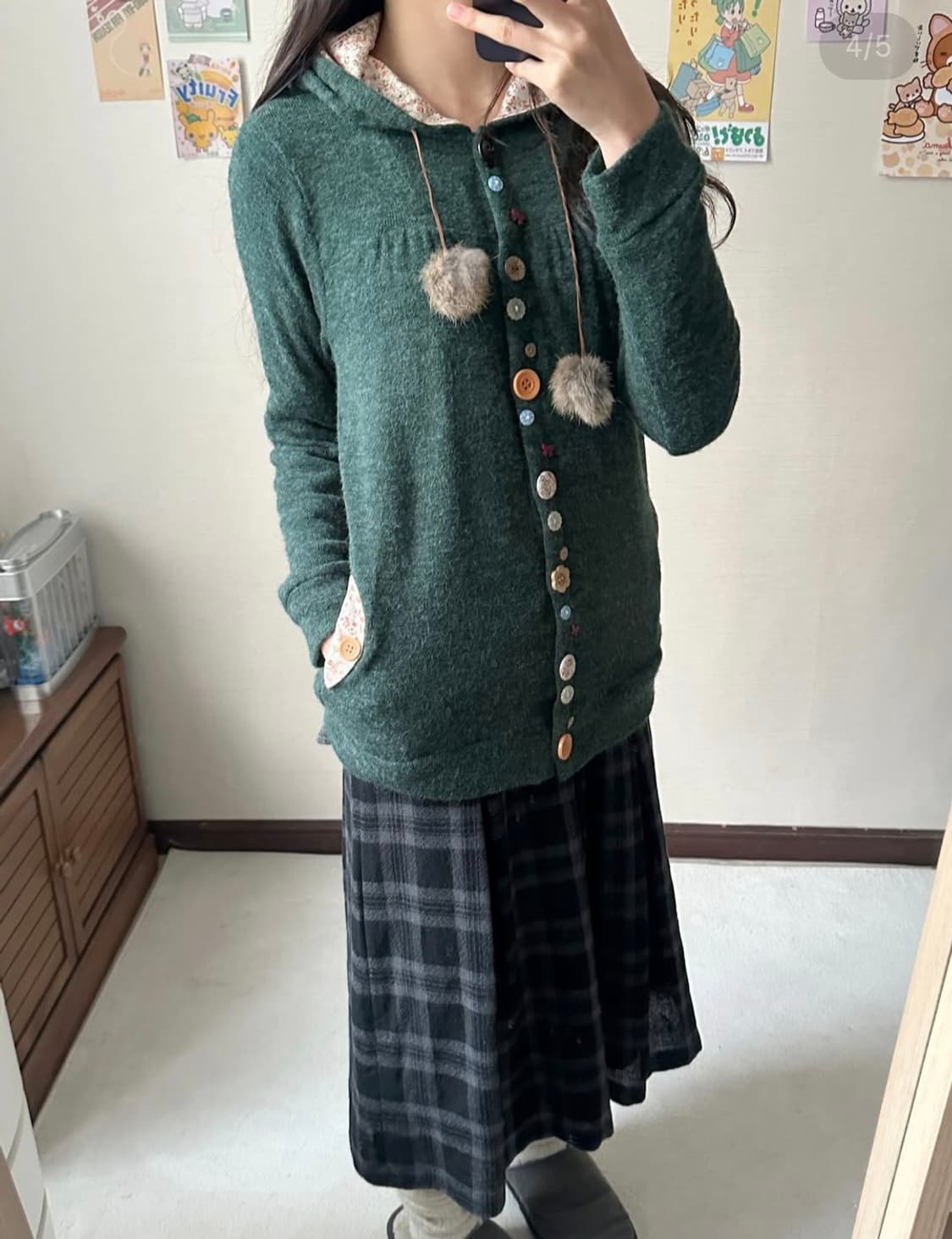 일본 빈티지 모리걸 단추 초록모리 셔링 후드 가디건 동물의 숲 상품이미지3