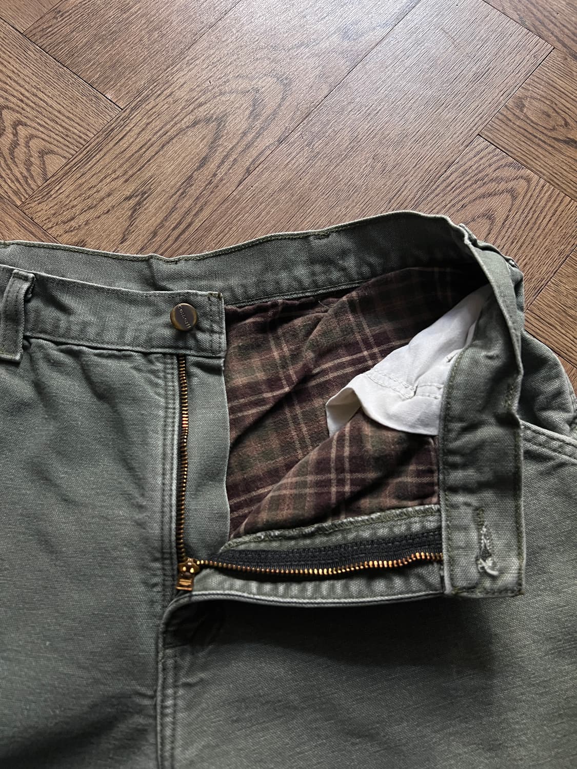 [33]칼하트 USA 체크 라이닝 모스그린 싱글니 워크팬츠 상품이미지3