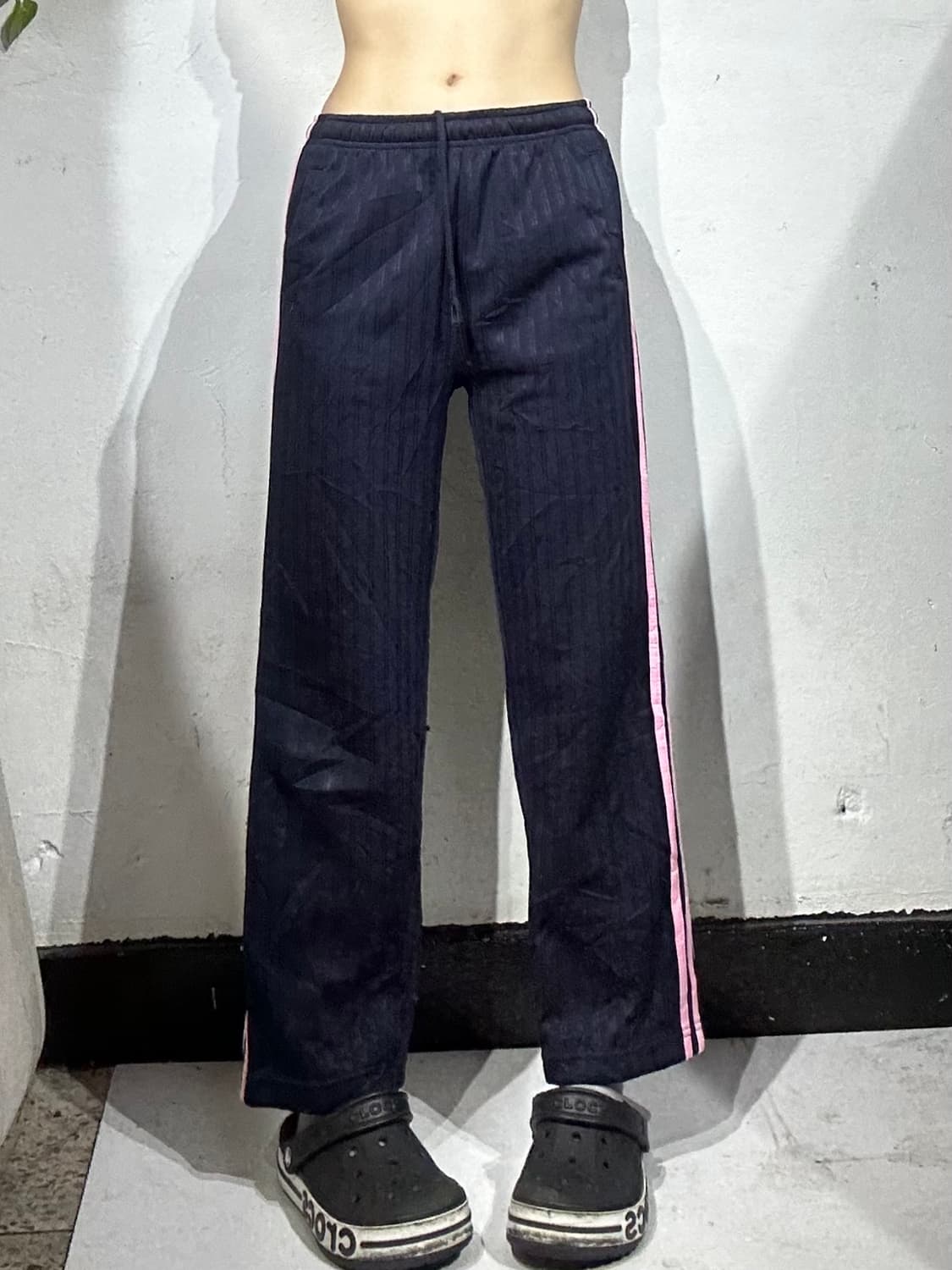 일본 빈티지 네이비 핑크 삼선 와이드 팬츠 XL 상품이미지2