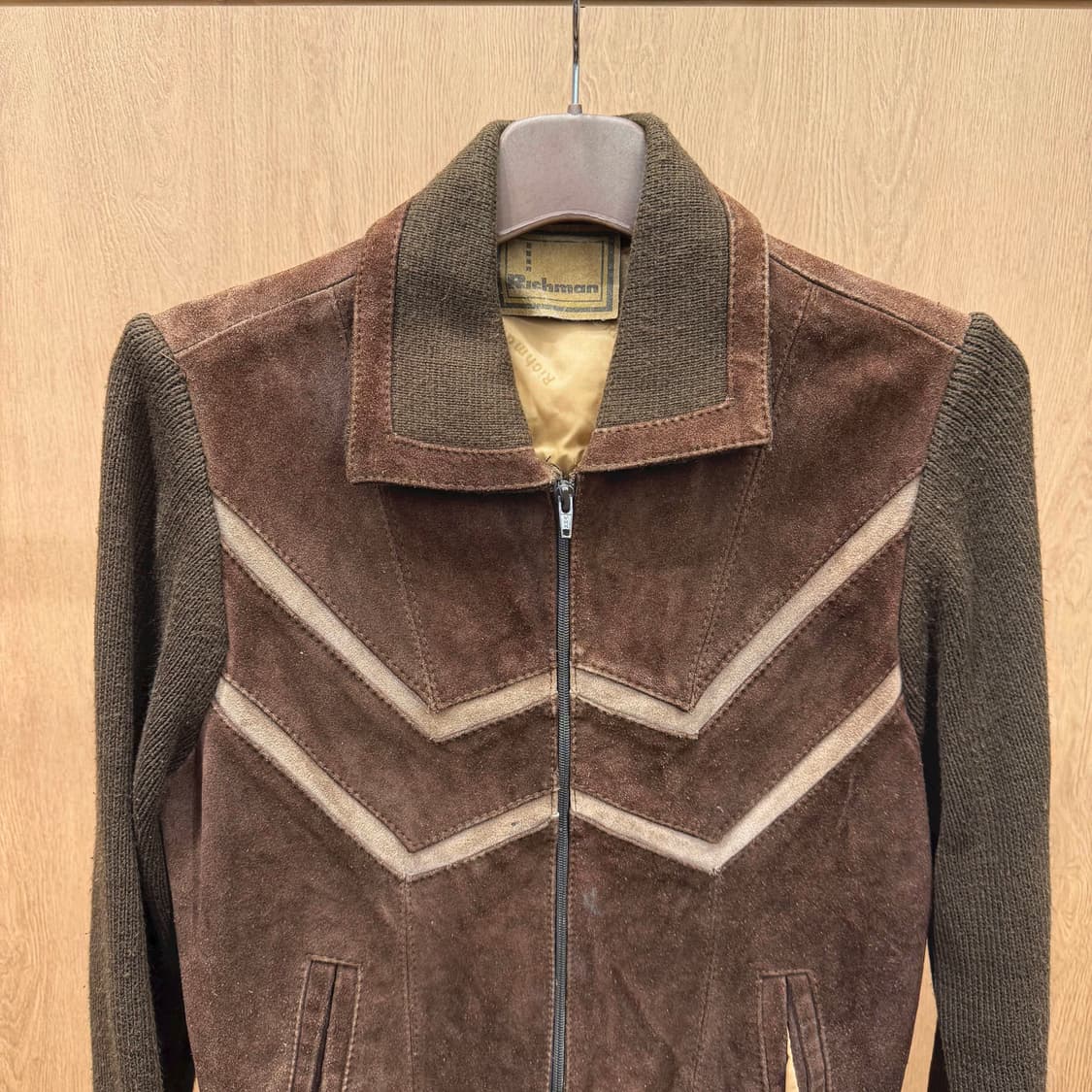 빈티지 스웨이드 니트 하이브리드 집업 자켓 브이 패턴 디테일 브라운 상품이미지4