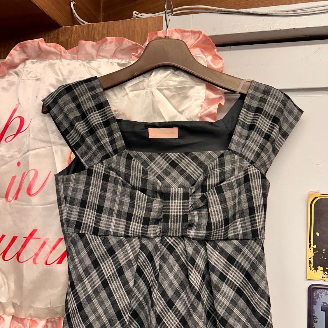 Black Gray Plaid Check Ribbon Dress  상품이미지3