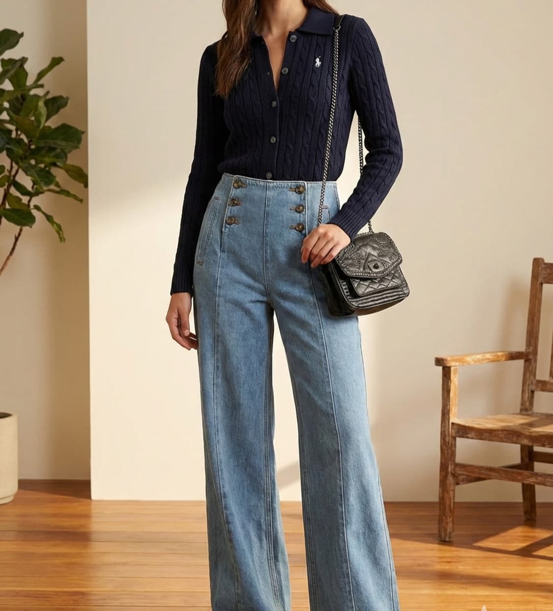 [세븐티모치] 마린 버튼 와이드 하이웨스트 데님 팬츠 상품이미지1