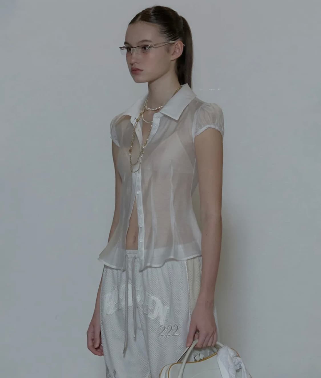 스컬프터 시스루 반팔 블라우스 화이트 M 상품이미지2