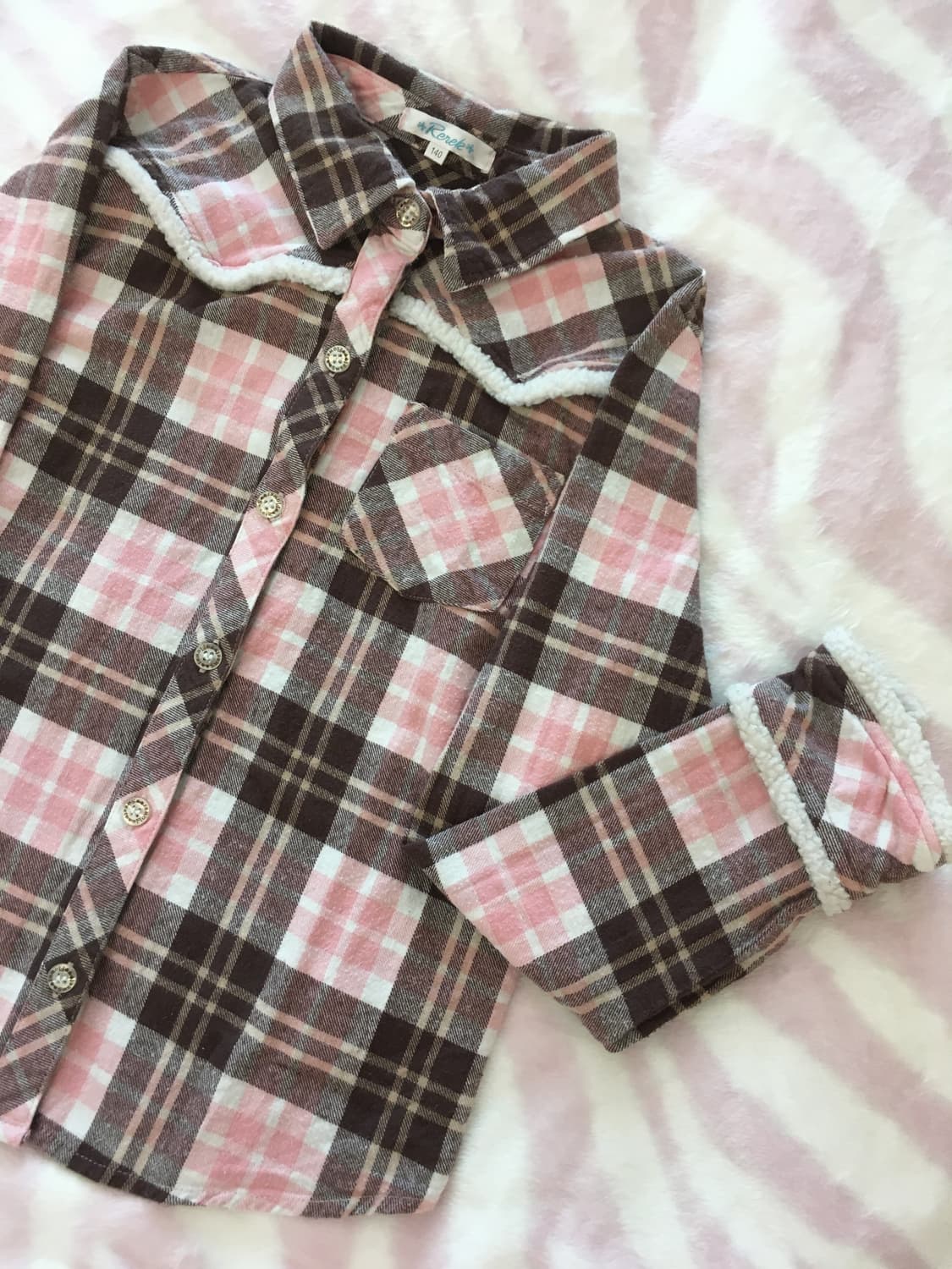딸기초코 깅엄체크 퍼 셔츠 라떼갸루 모리걸 상품이미지3