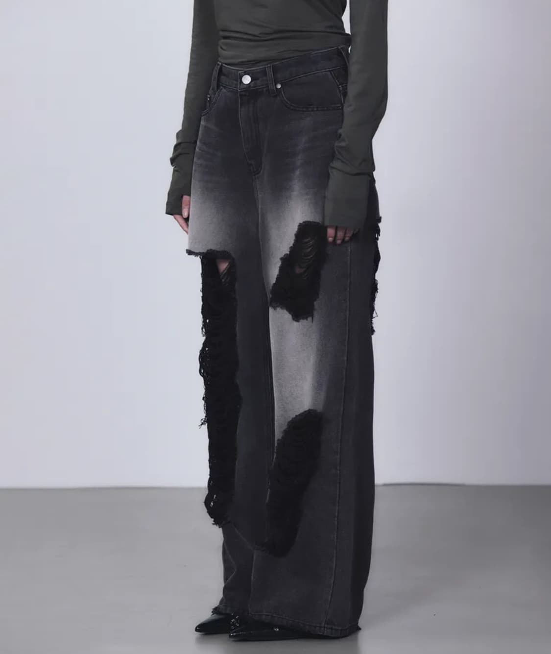 스크래치 데미지 데님 팬츠 블랙 상품이미지2