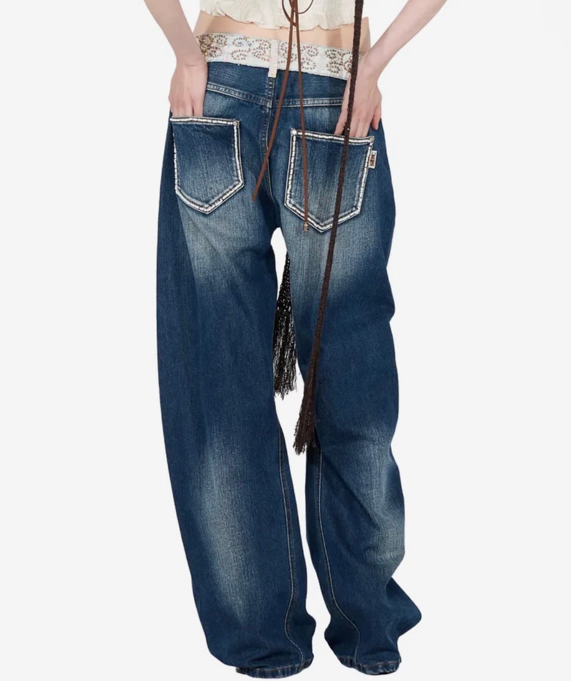 Beaded Waist Denim Pants Indigo Blue 상품이미지1