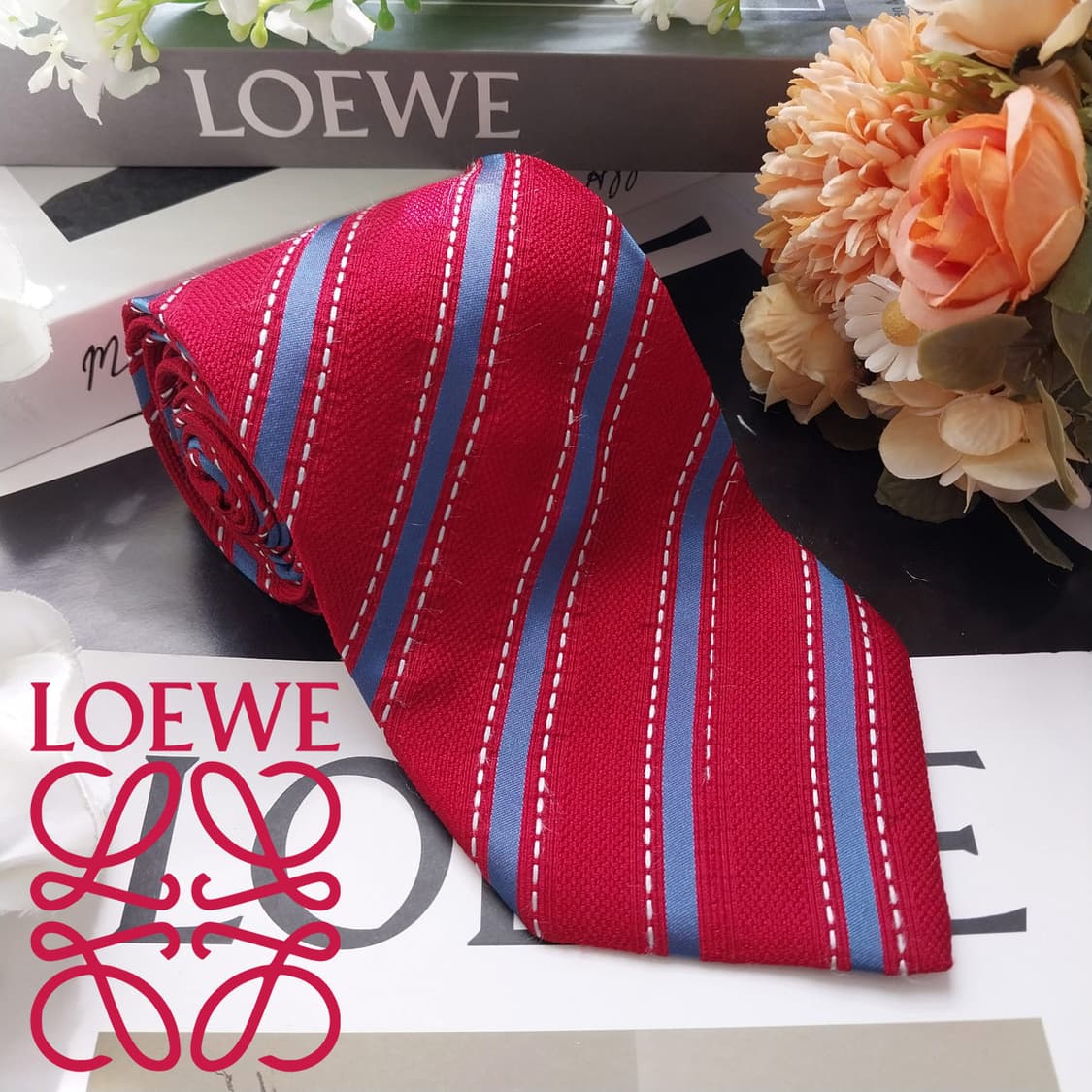 로에베 실크 레드 스트라이프 넥타이 9.5cm B등급 K2523 상품이미지1