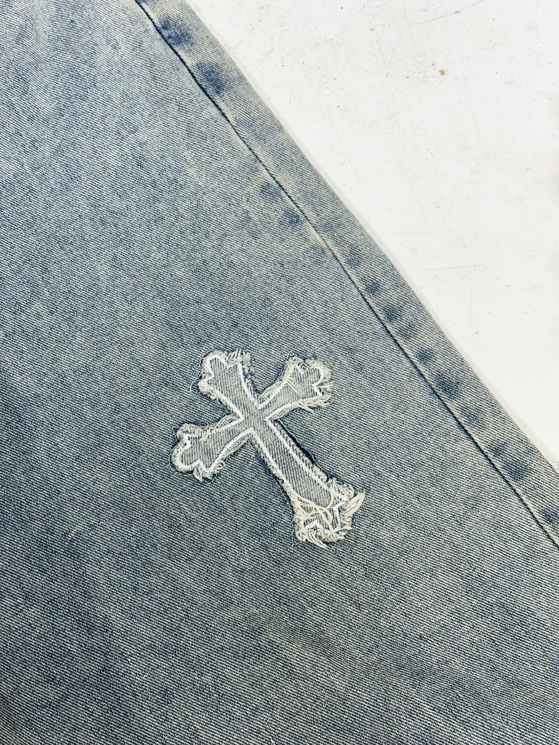 일본 빈티지 연청 십자가 자수 디테일 와이드 데님 팬츠 청바지 XL 상품이미지6