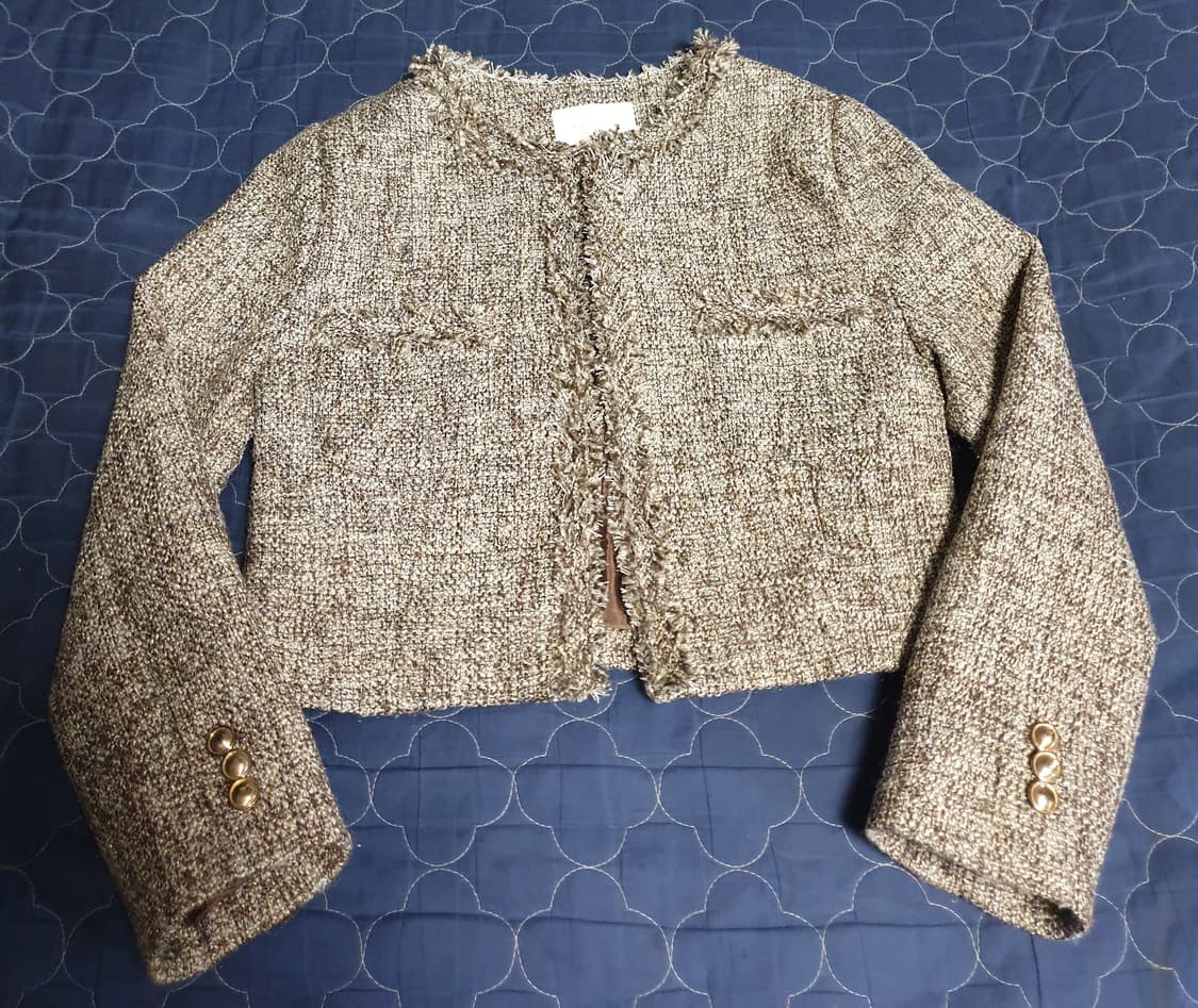 EEYOU 크롭 버튼리스 트위드 자켓 브라운 (F) 상품이미지1