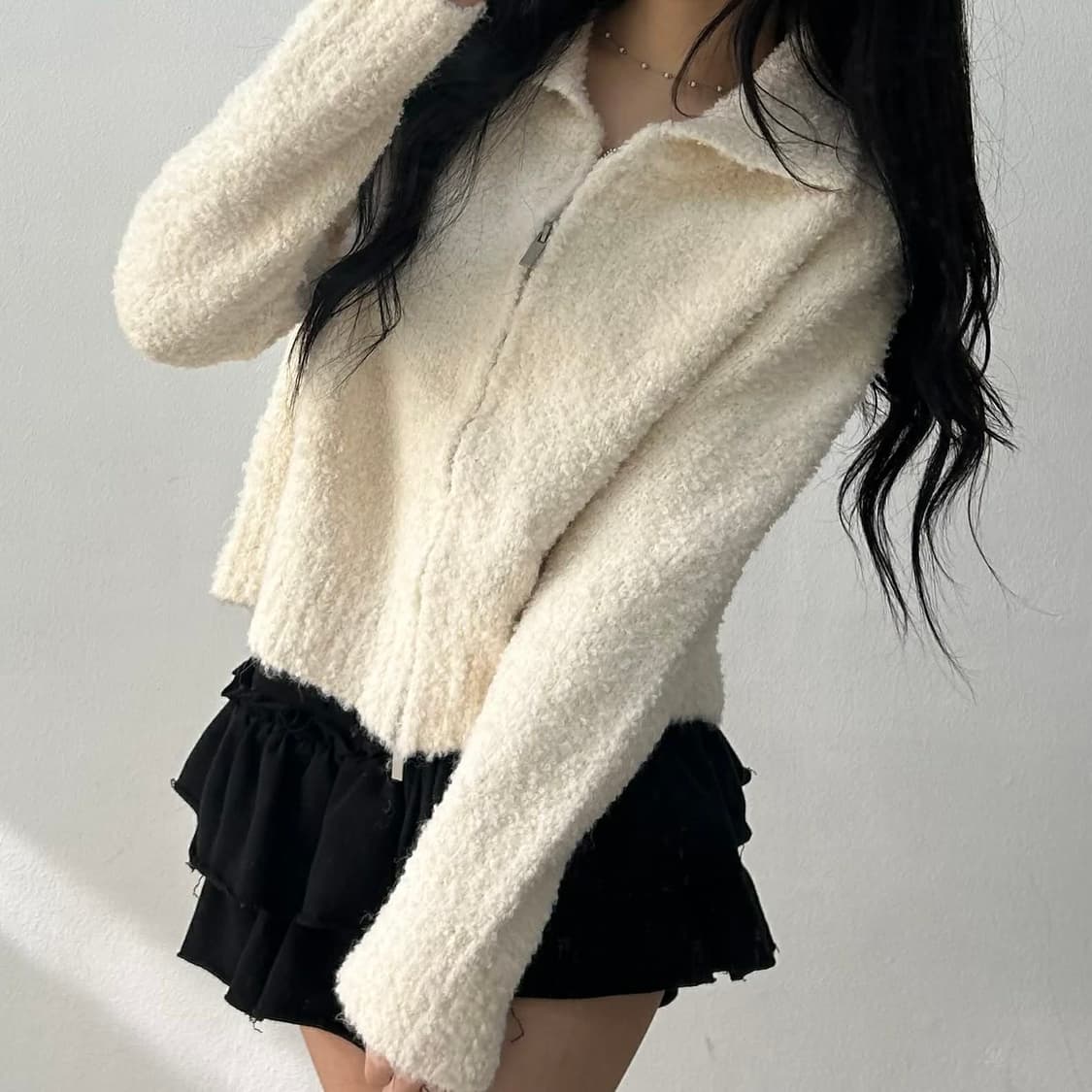 앙고라 아이보리 니트집업 자켓 상품이미지1