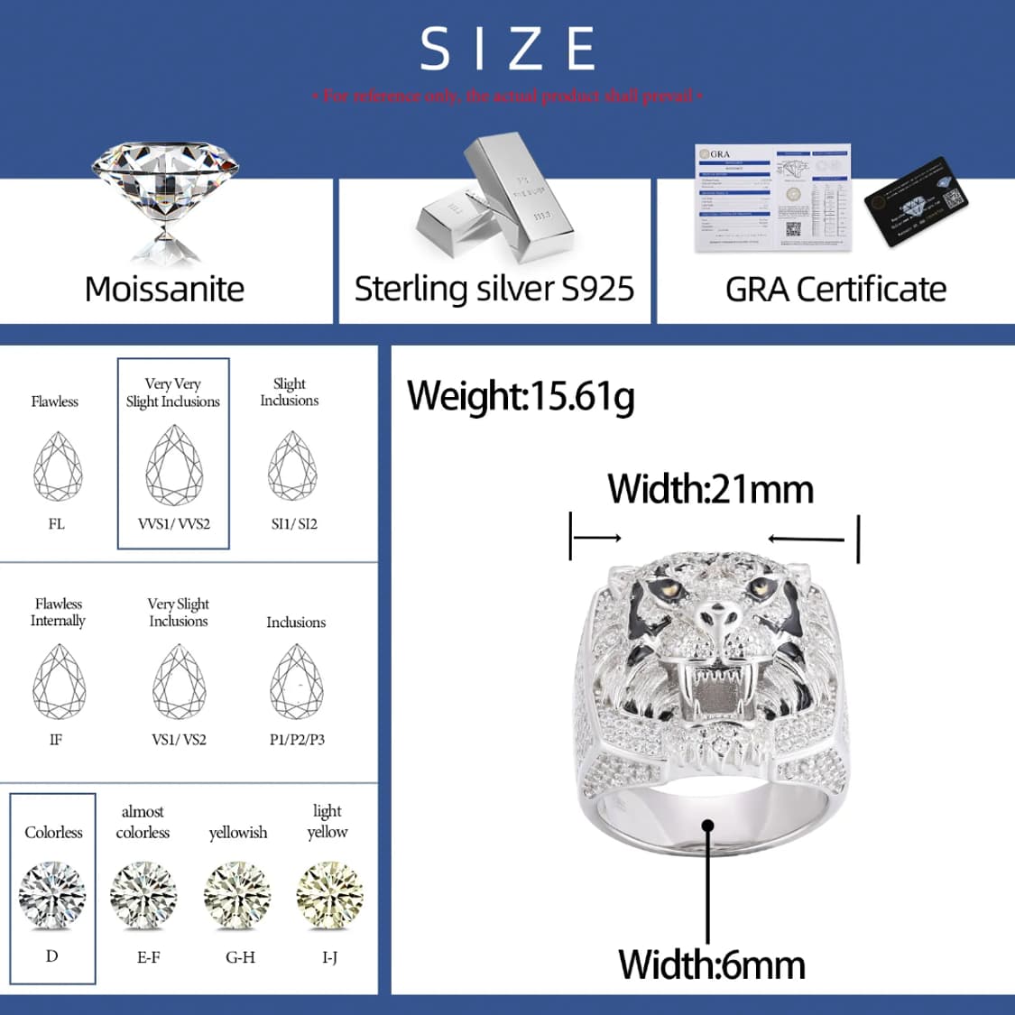 Oceaonra 남성용 3D 타이거 모이사나이트 반지 925 실버 상품이미지7