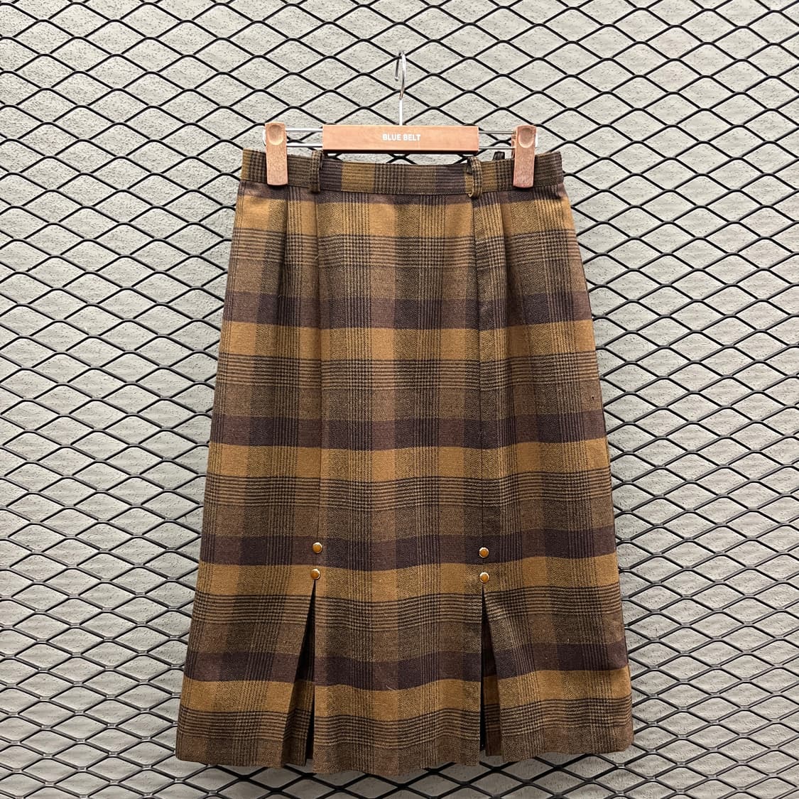 JPN VINTAGE 미디 스커트 체크 패턴 플리츠 사이드 밴딩 브라운 상품이미지2