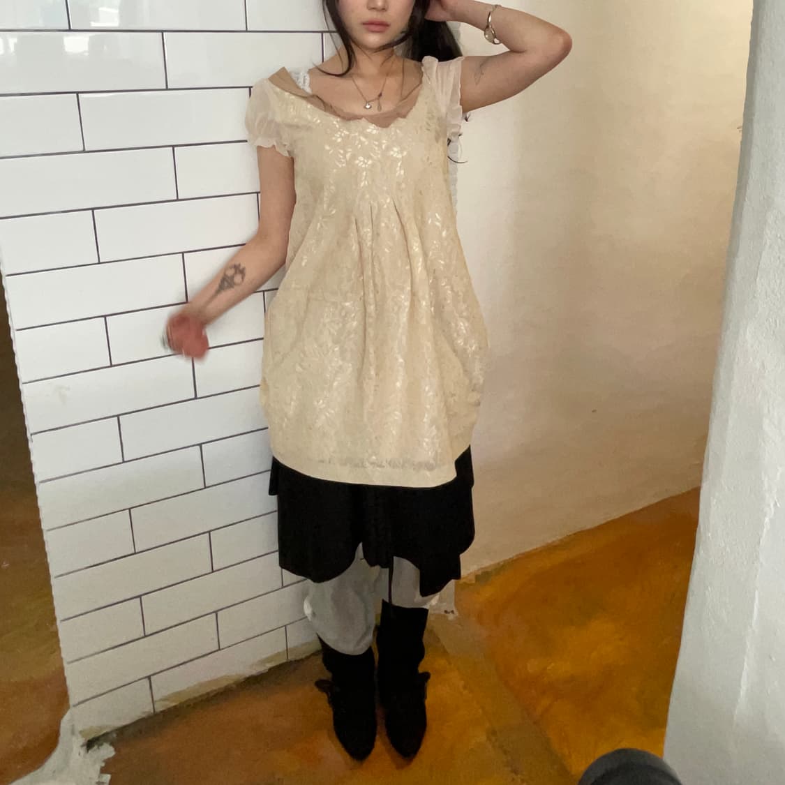 레이빔즈 레이스 퍼프 슬리브 믹스 원피스 상품이미지7