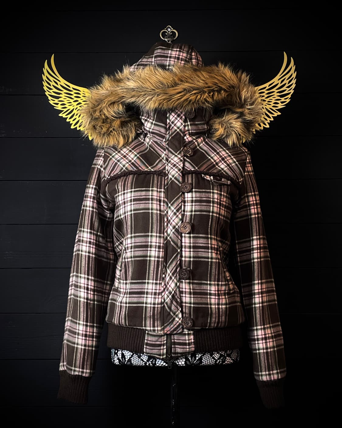 JPN 갸루 핑크 민트 딸기초코 체크 패턴 하이넥 퍼 자켓 상품이미지1