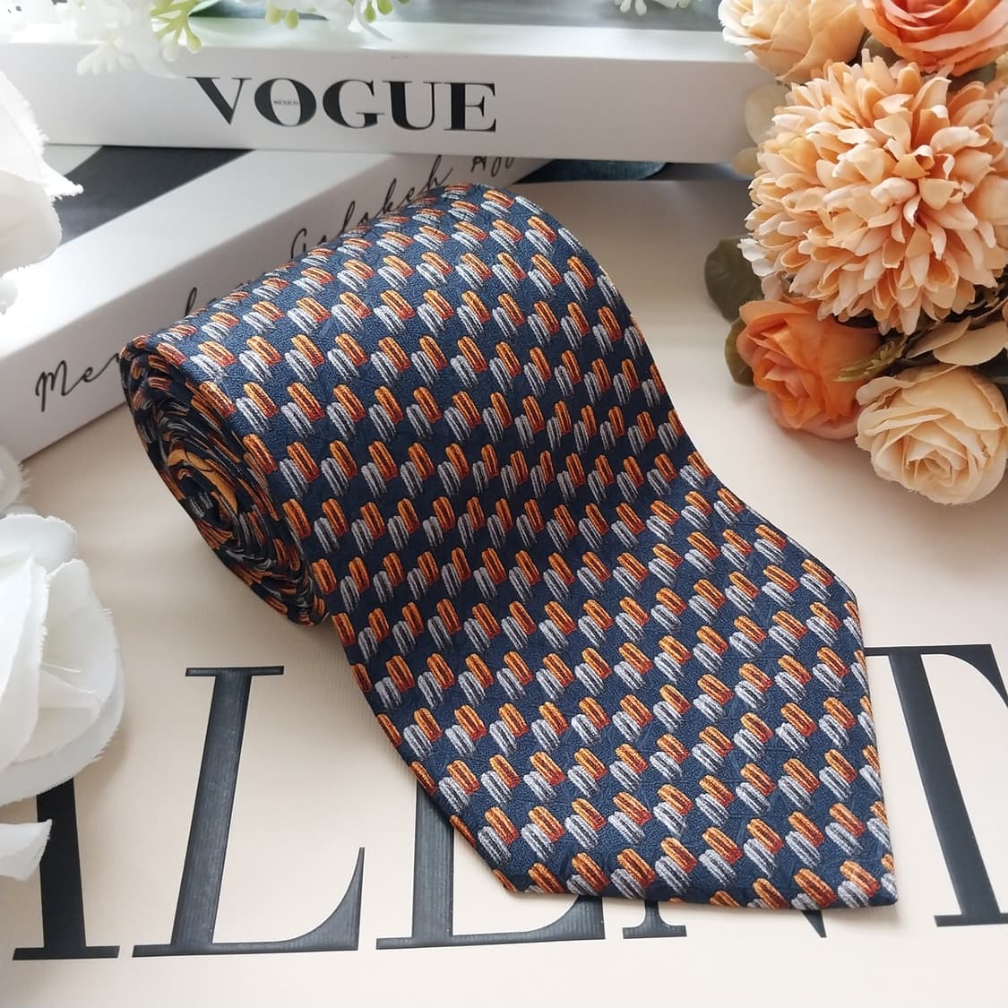 발렌티노 실크 다크네이비 패턴 넥타이 10cm S~A+등급 K2456 상품이미지3