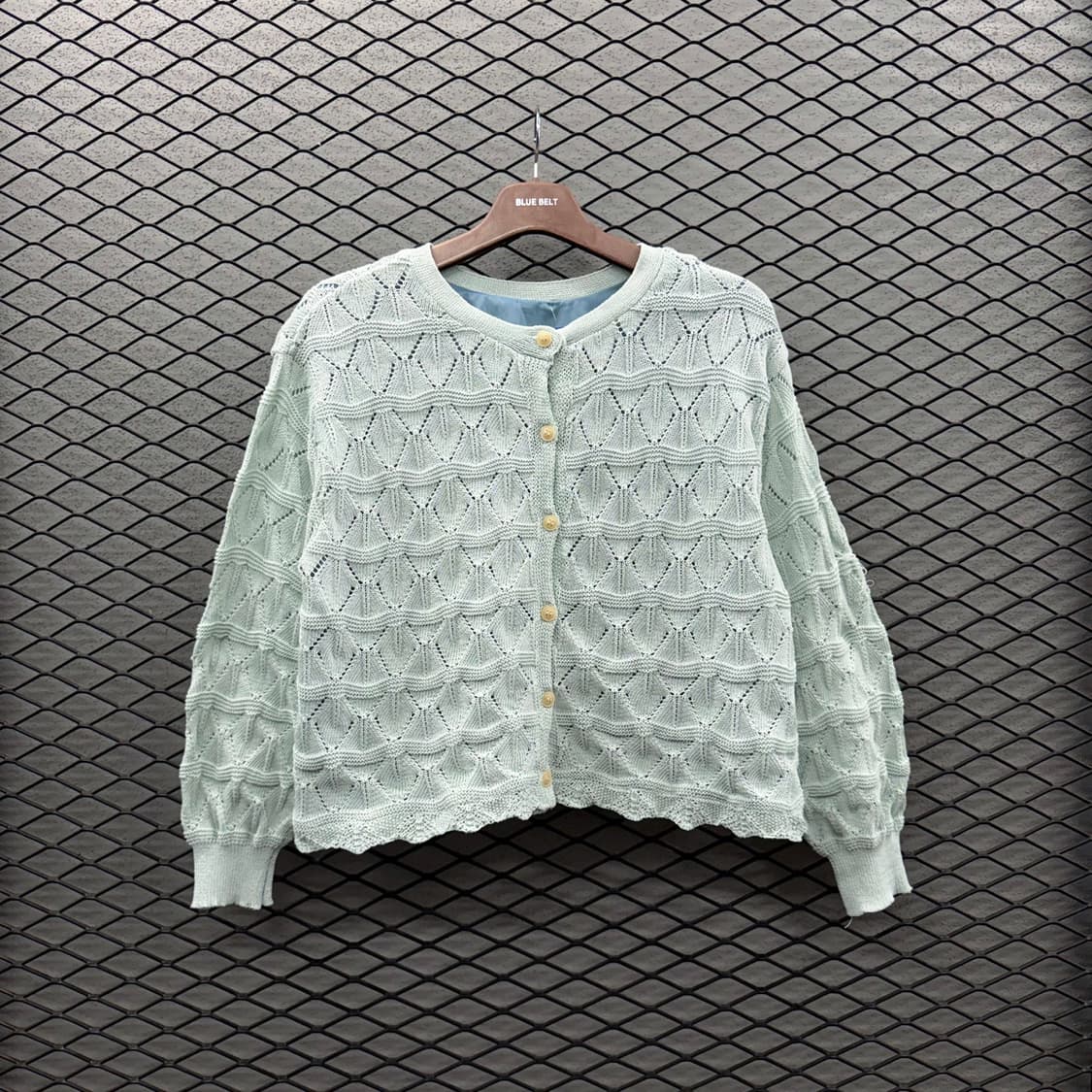 JPN VINTAGE 스카시 가디건 웨이빙 패턴 밑단 레이스 디테일 민트 상품이미지2