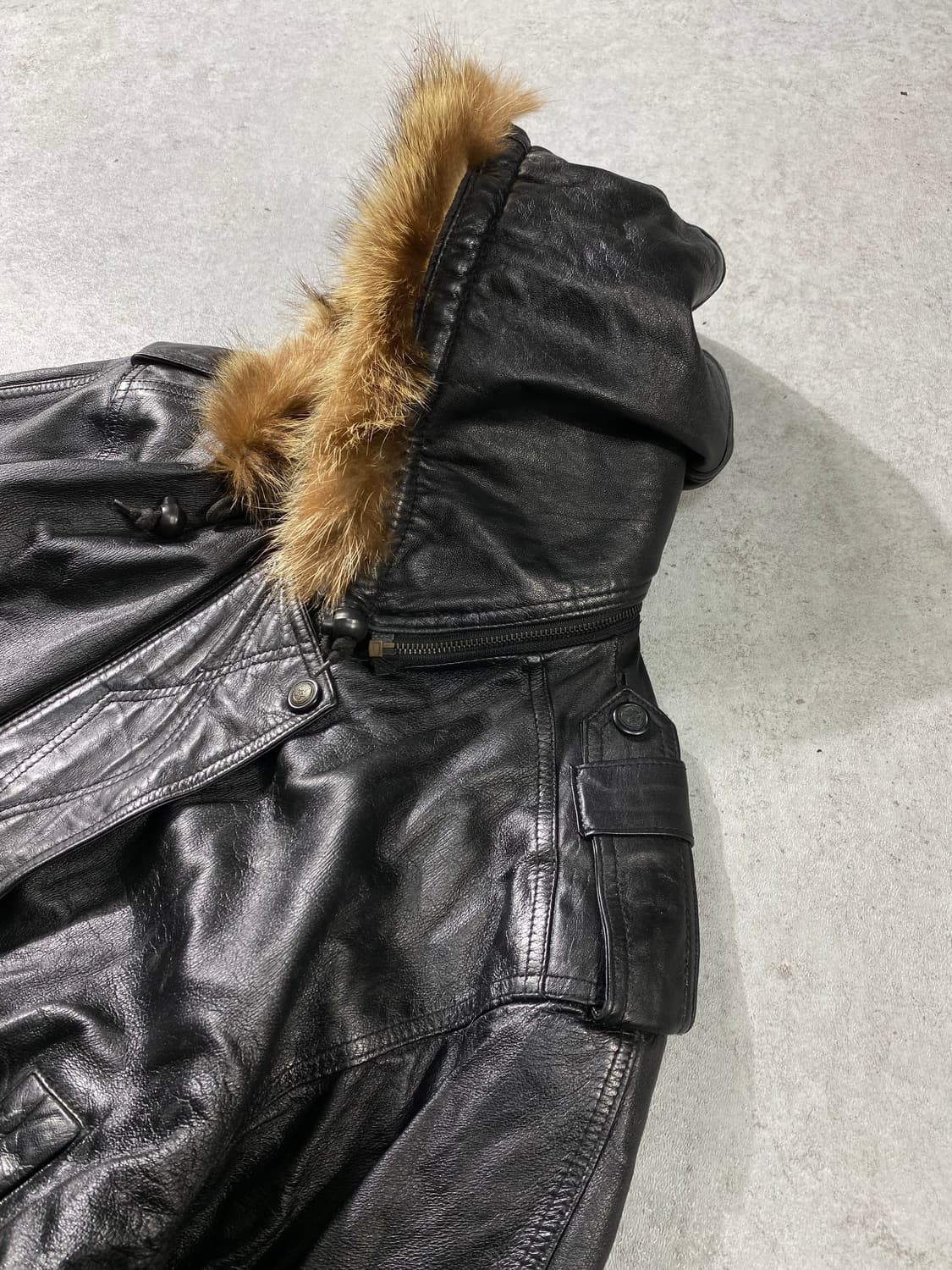 [M] 90s Vintage 빈티지 양가죽 크롭 레더 퍼 후드 자켓 상품이미지4