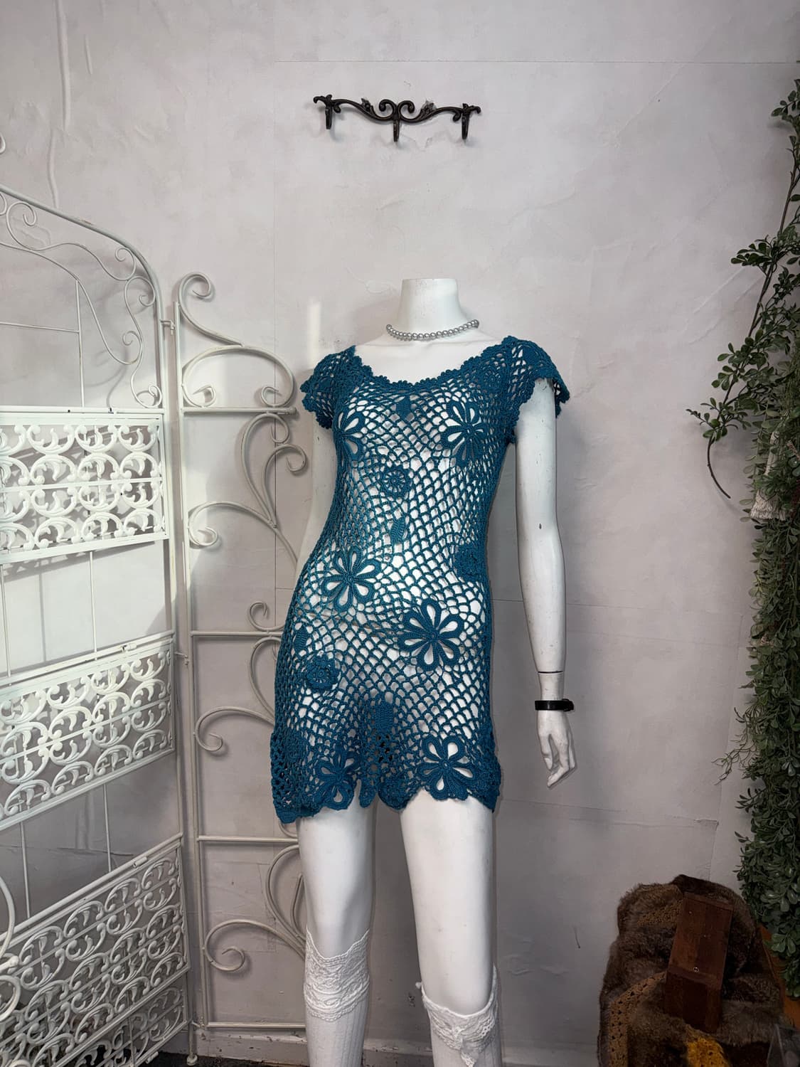 Turquoise sheer floral crochet ops  상품이미지1