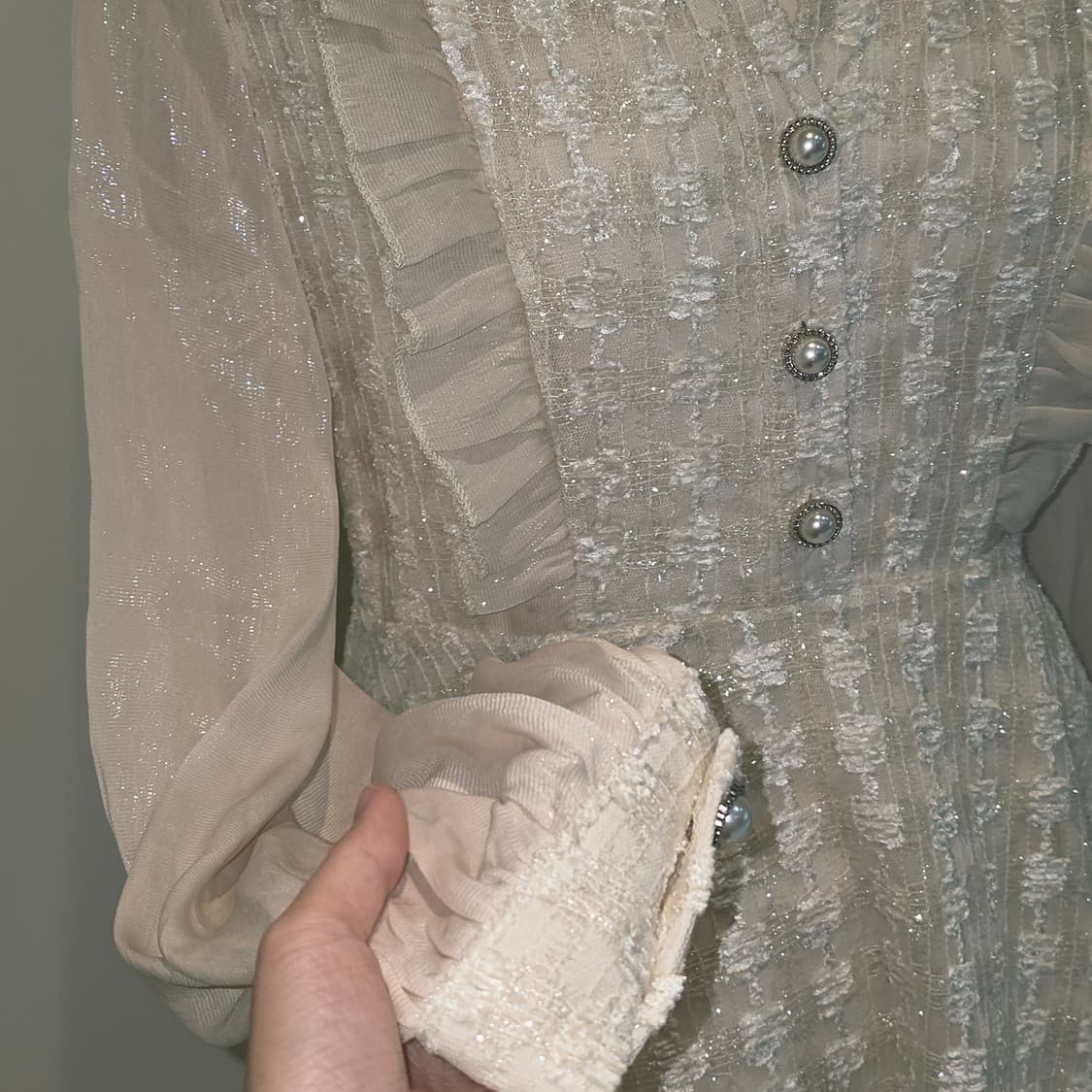 로판 화이트 트위드 쉬폰 로맨틱 진주 실크시스루st 원피스 상품이미지6