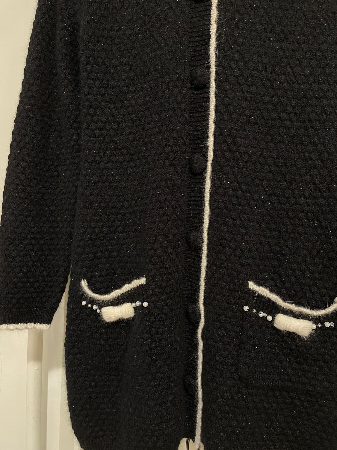 리본 글리터 블랙 후드 버튼 니트 자켓 러블리 상품이미지7