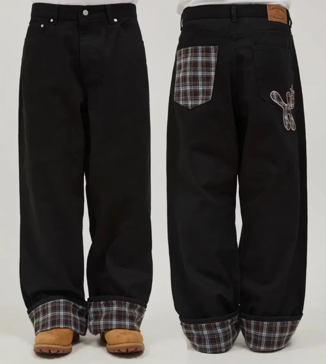 와이케이 체크 아플리케 롤업 코튼팬츠 블랙 상품이미지1