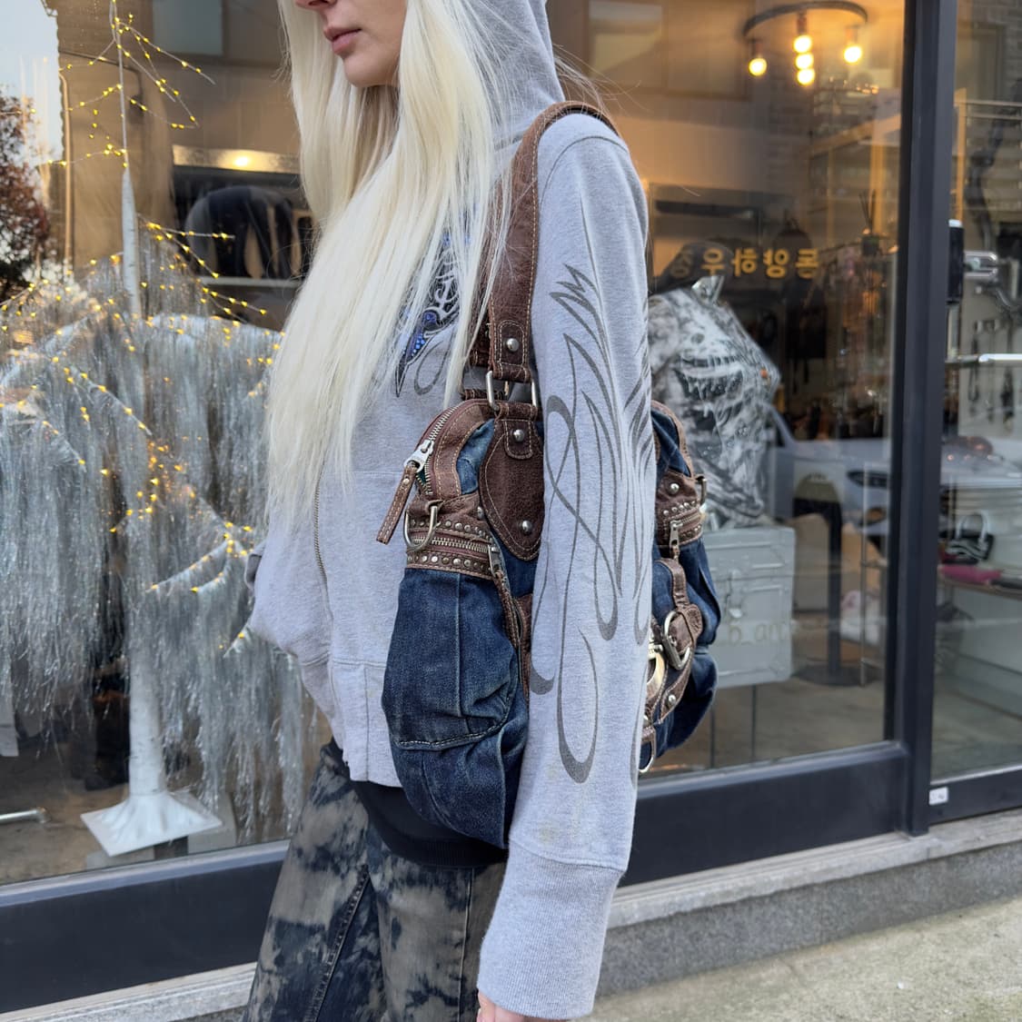 00s 빈티지 게스 XL 데님 빅 버클백 가방 상품이미지9