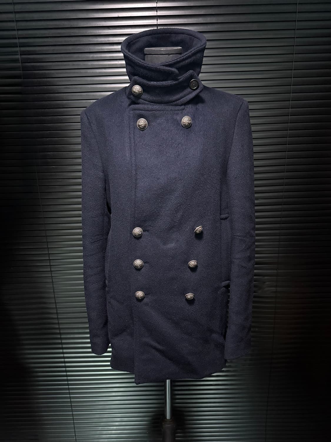 UN COIL 언코일 네이비 남색 울 캐시미어 더블 발마칸 피코트 하이넥 상품이미지3