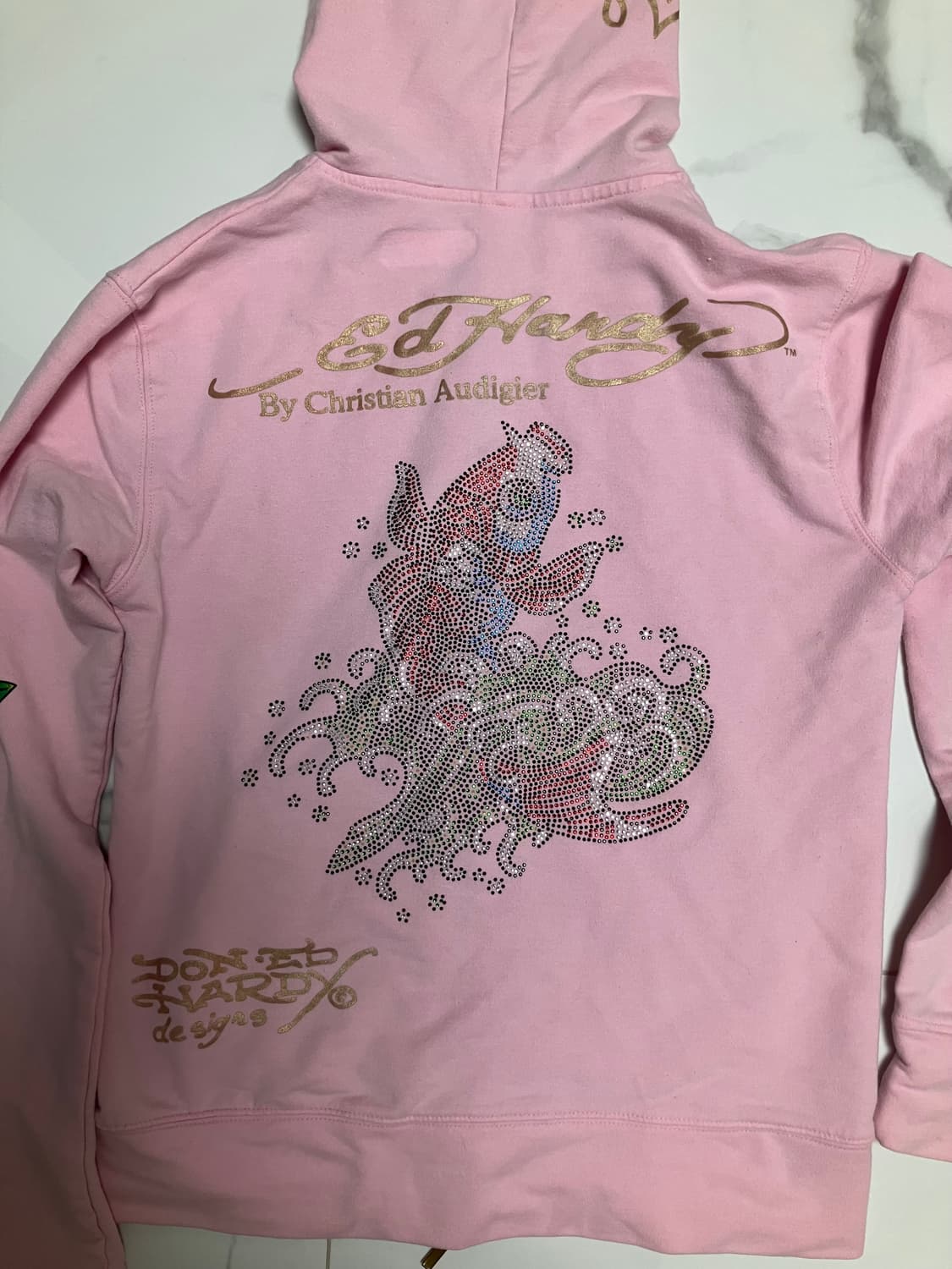 Y2K 에드 하디 (희귀) 라인스톤 스와로브스키 핑크 후드 집업  상품이미지3