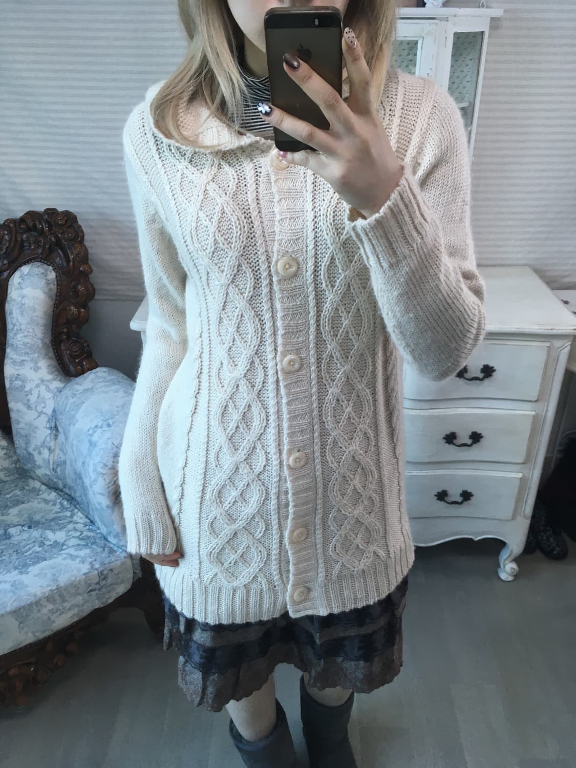 일본빈티지 이스트보이 아이보리 꽈배기 니트 가디건 상품이미지7