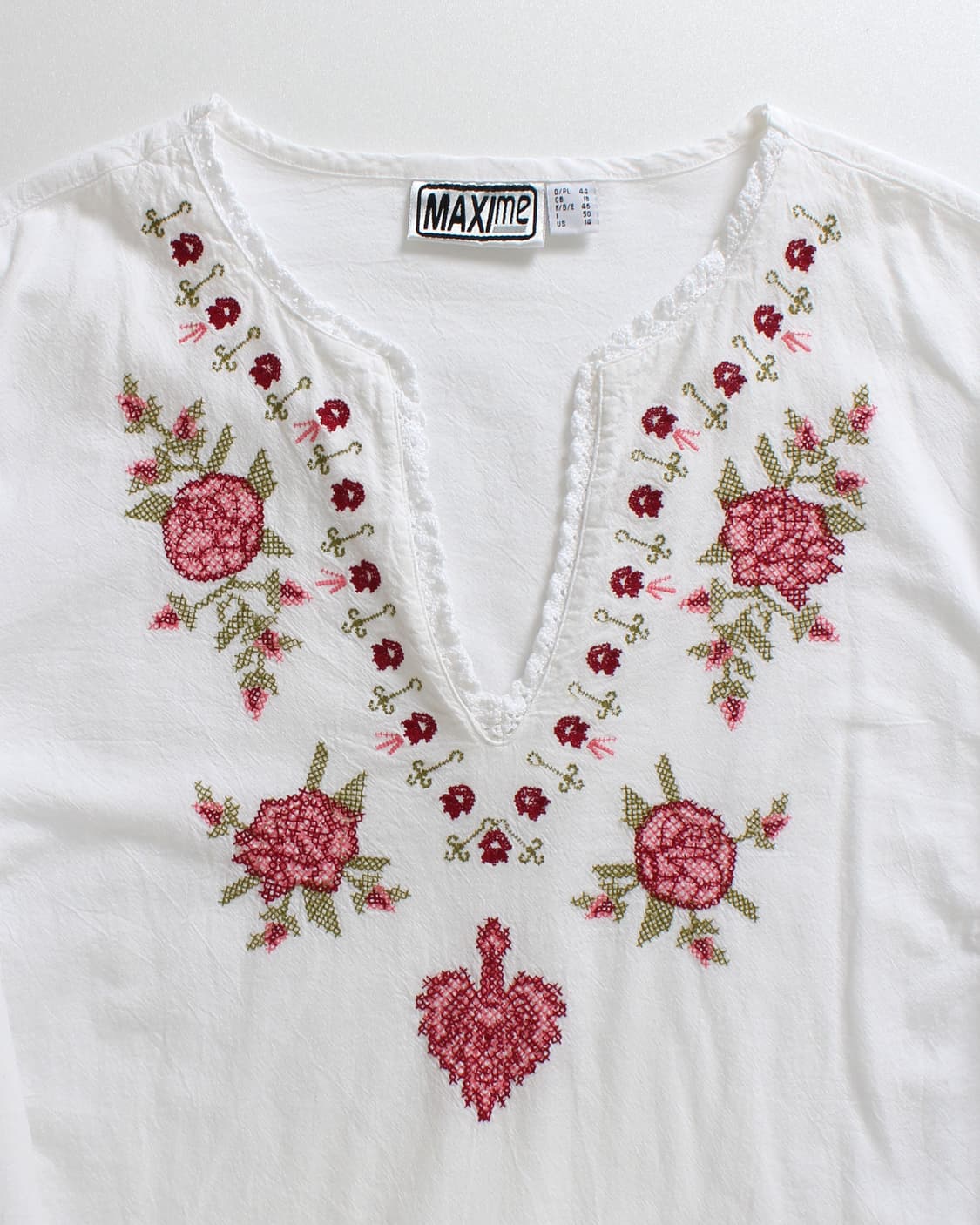 유럽 빈티지 플라워 십자수 자수 레이스 화이트 블라우스 상품이미지2