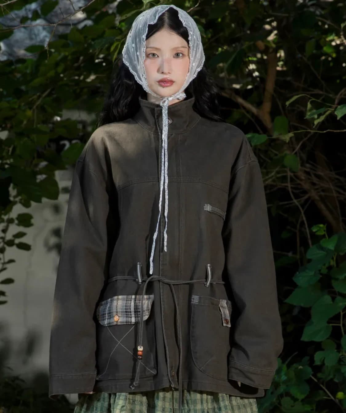 루나키후 체크 배색 워싱 코튼자켓 상품이미지1