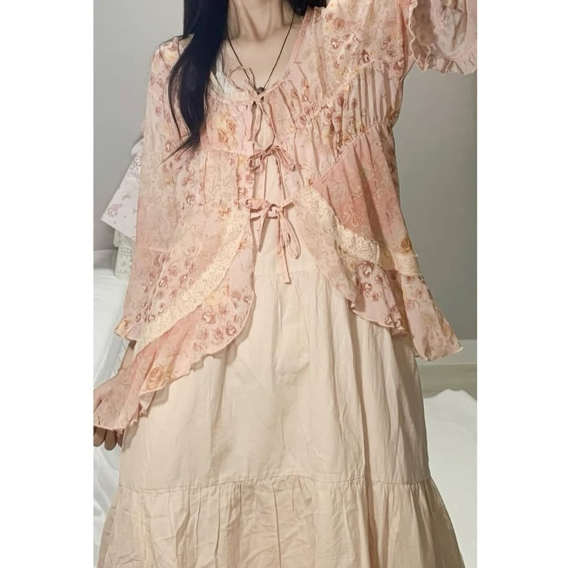오월빈티지 핑크 리본 가디건 /모리노가토 몽글 카라하나 카모메산장 묘오우 상품이미지1