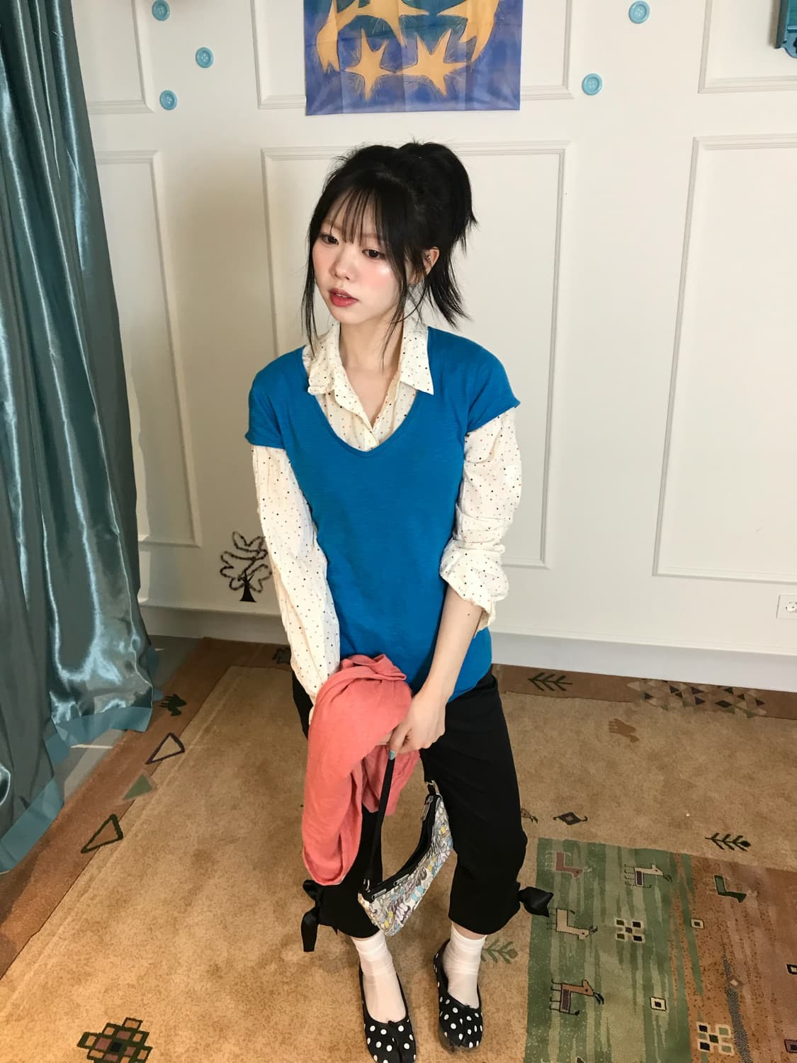 쨍한 블루 반팔 레이어드에 코랄 핑크 가디건 포인트 코디🎀 상품이미지4