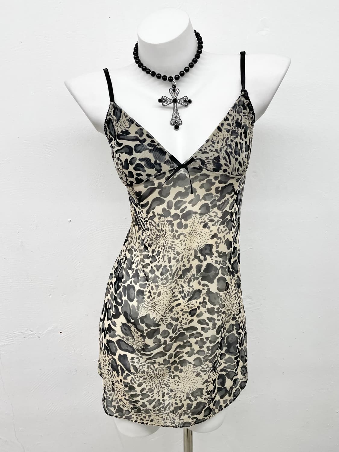 갸루 블랙 레오파드 메쉬 원피스 상품이미지1