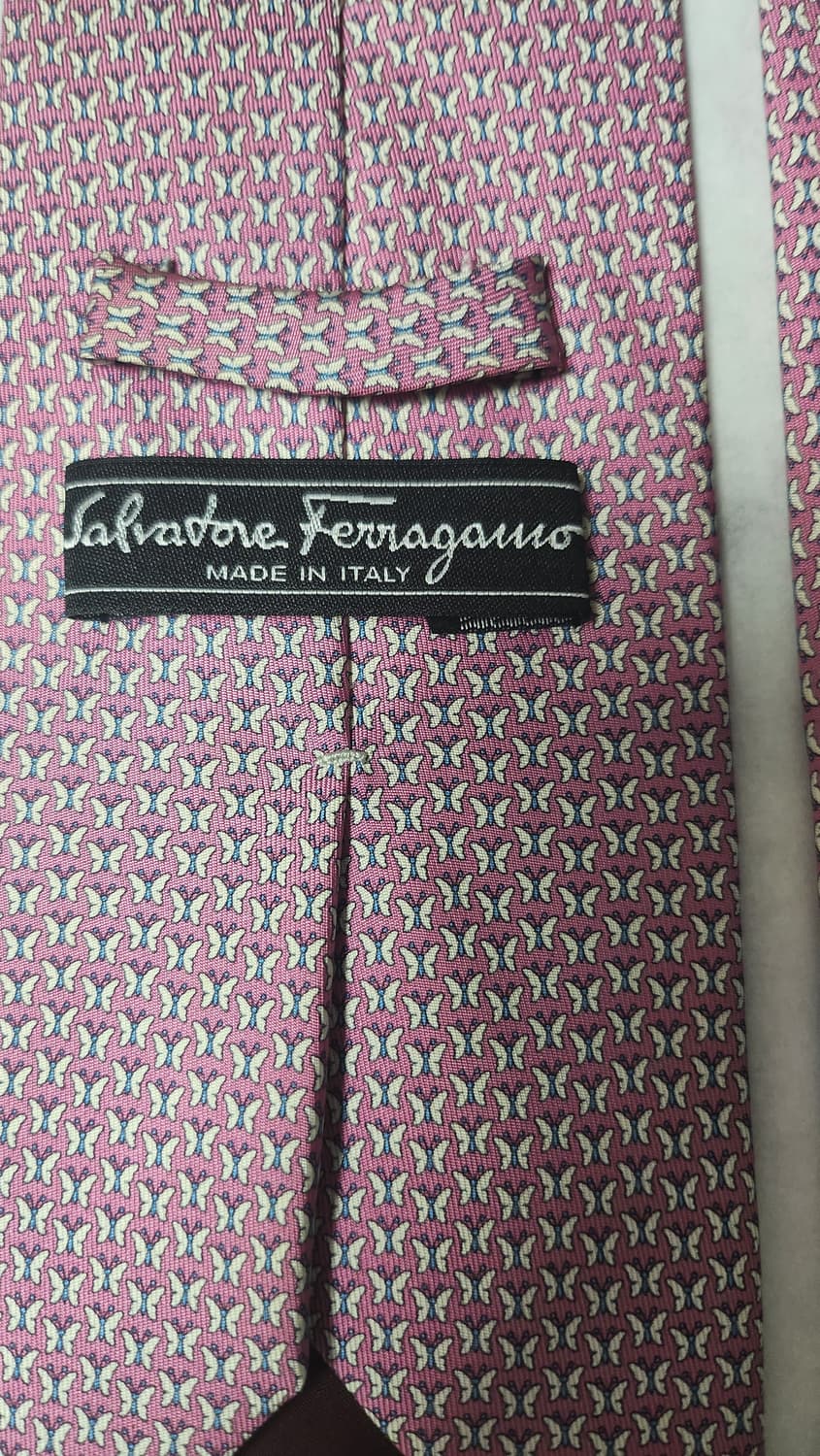 페라가모 핑크 나비 패턴 실크 넥타이 이태리 상품이미지2