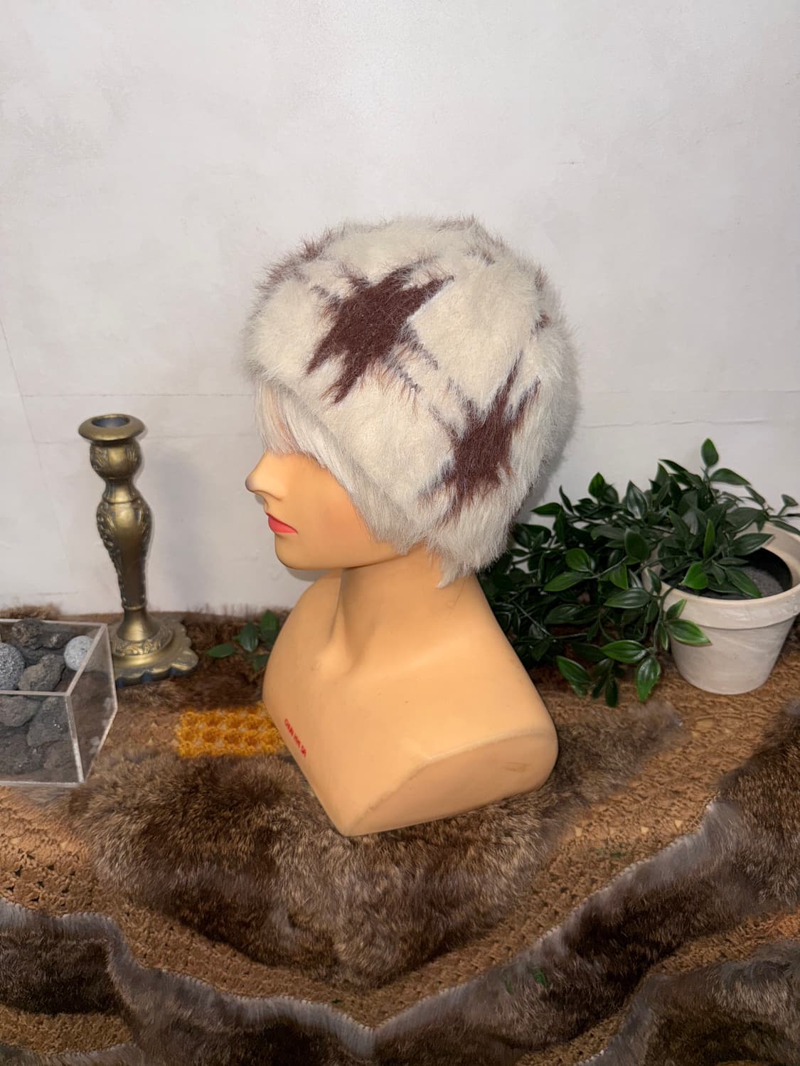 Ivory brown check angora beanie  상품이미지2