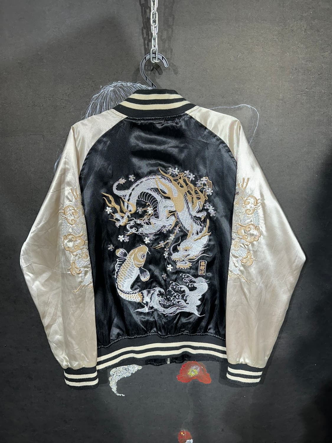 일본빈티지 일심여경 블랙 골드 잉어 용머리 스카잔 M 상품이미지7