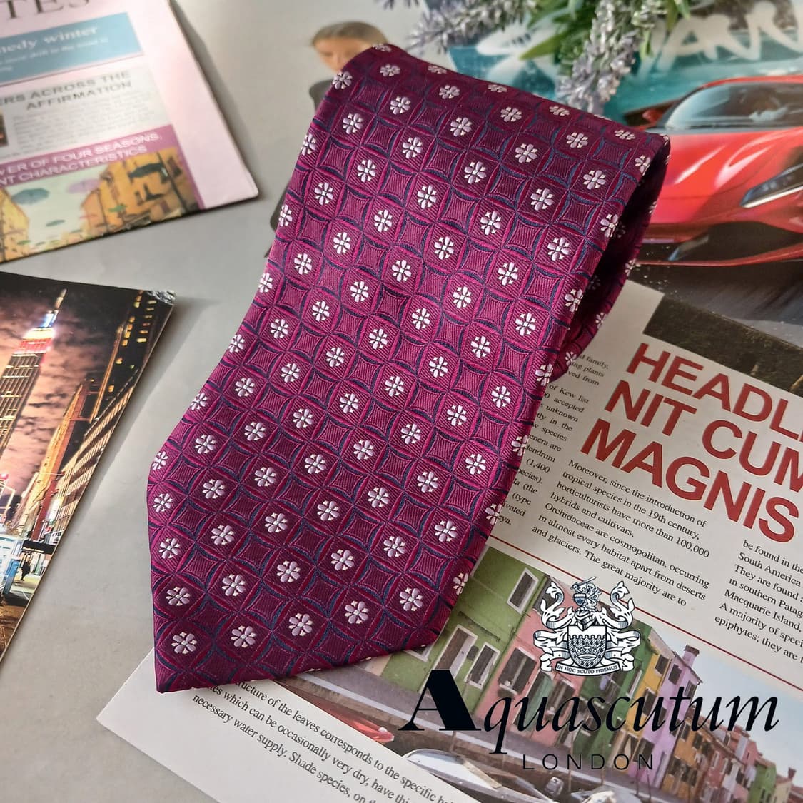 아쿠아스큐텀 실크 퍼플 플라워 패턴 넥타이 9.1cm 새제품 A19289 상품이미지2