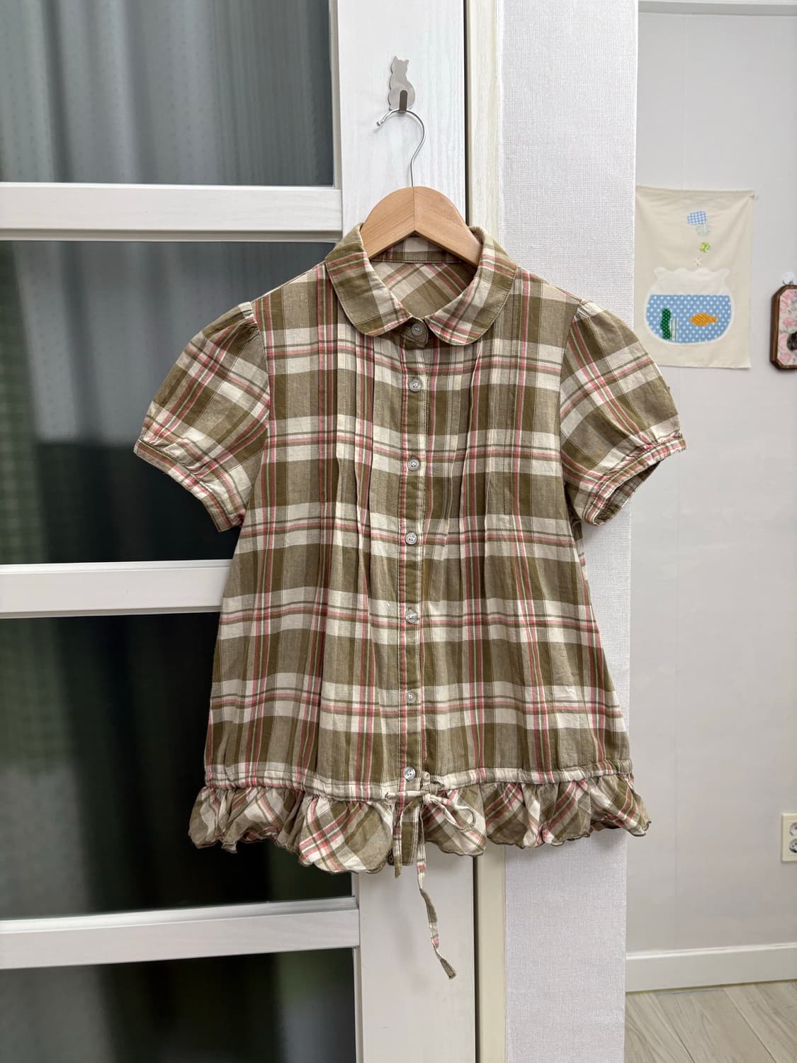 카키 체크 둥근카라 블라우스 상품이미지1