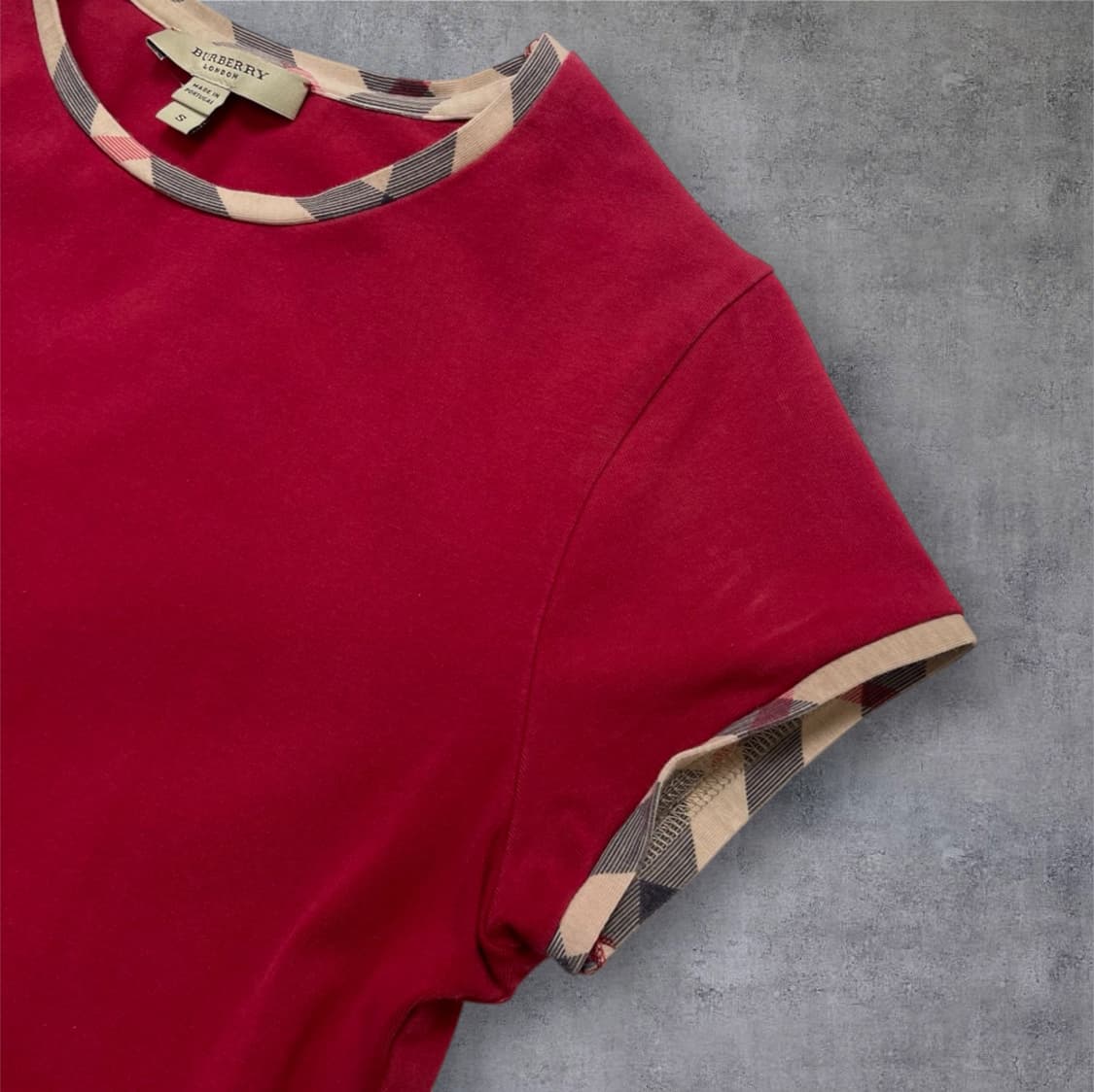 버버리 Burberry 레드 체크 트리밍 슬림 반팔 티셔츠 S 상품이미지5