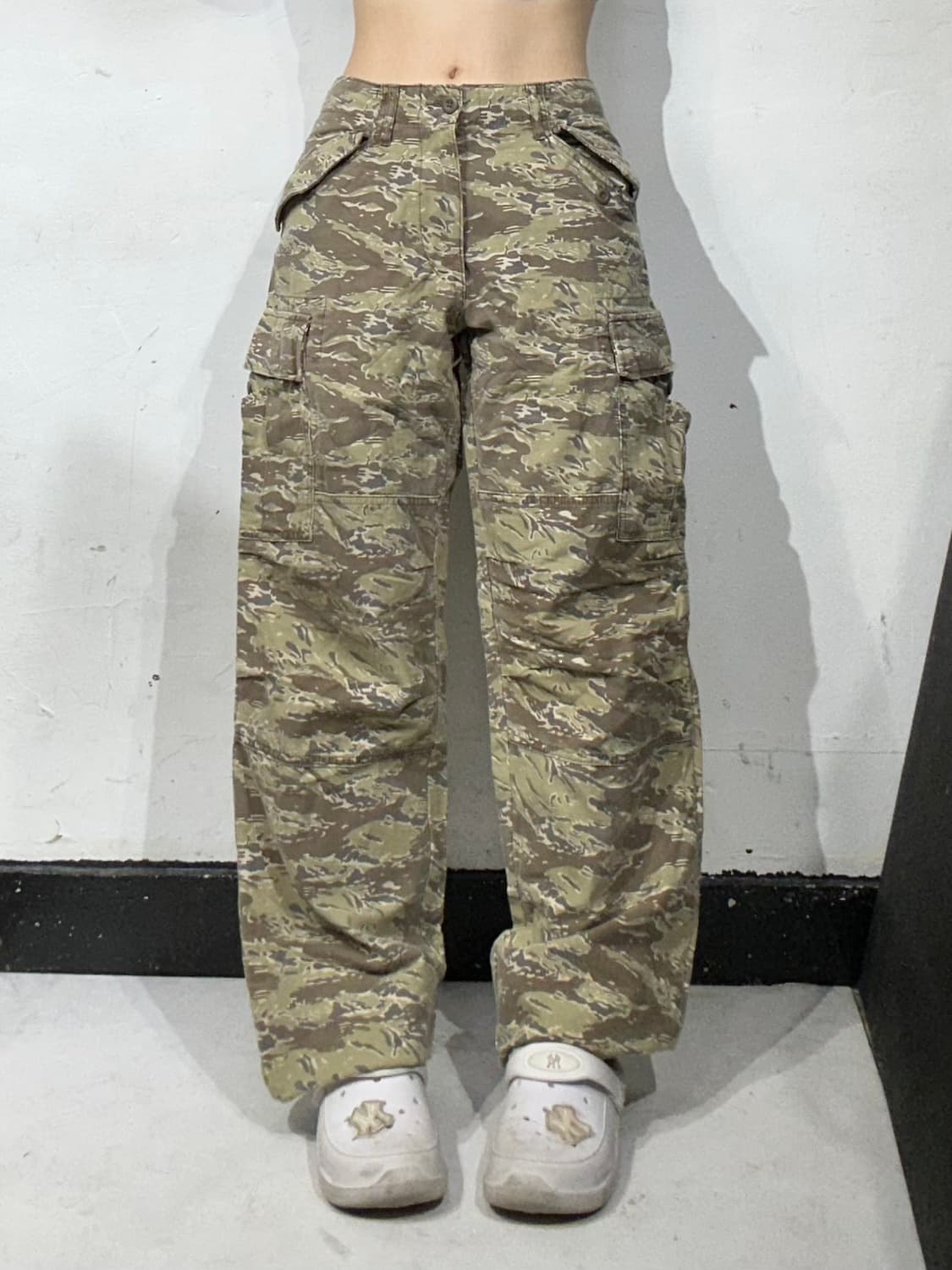 일본 빈티지 베이지 와이드 밀리터리 카모 카고 팬츠 S 상품이미지2