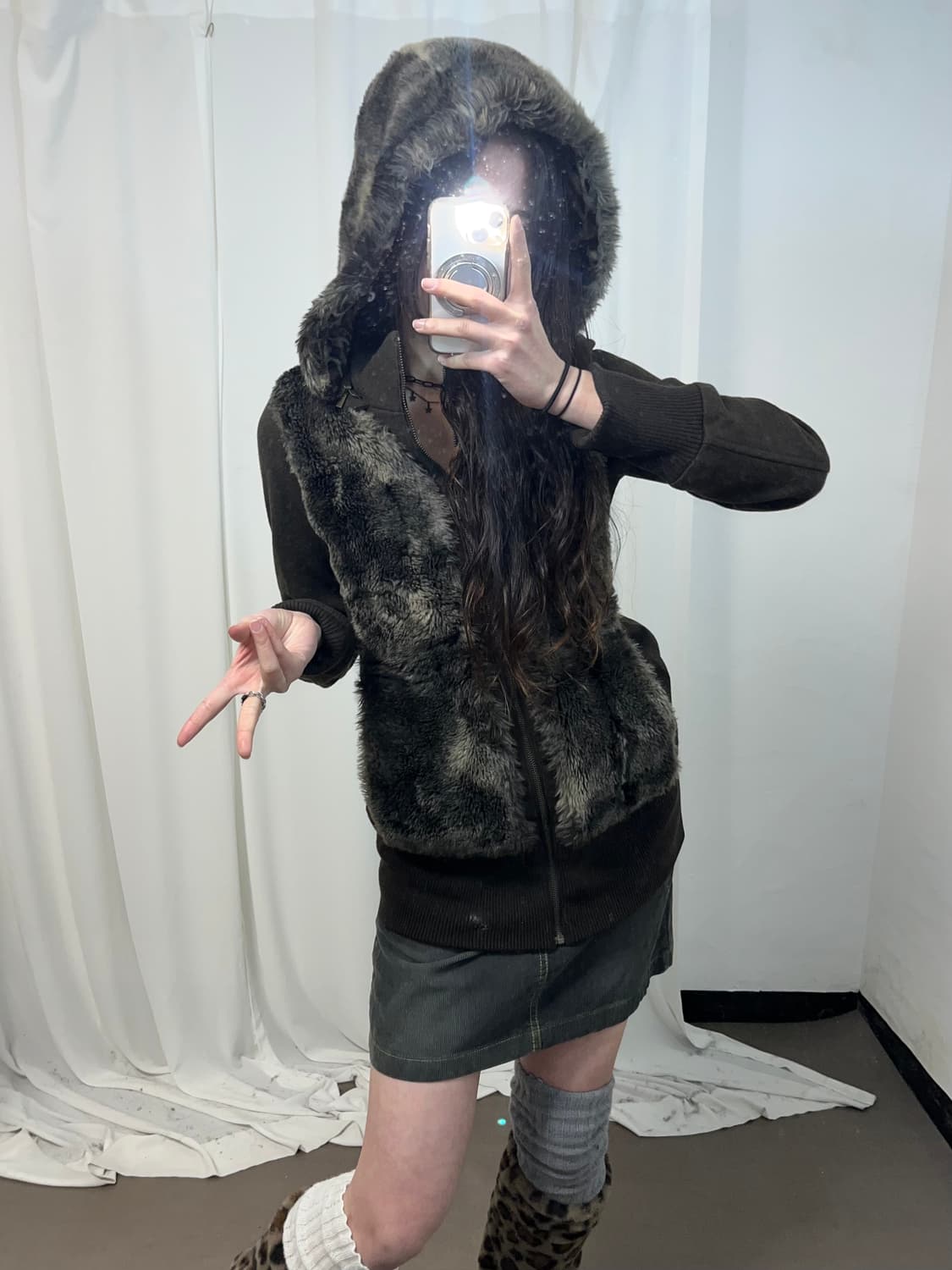 브라운 퍼 트리밍 후드집업 상품이미지7