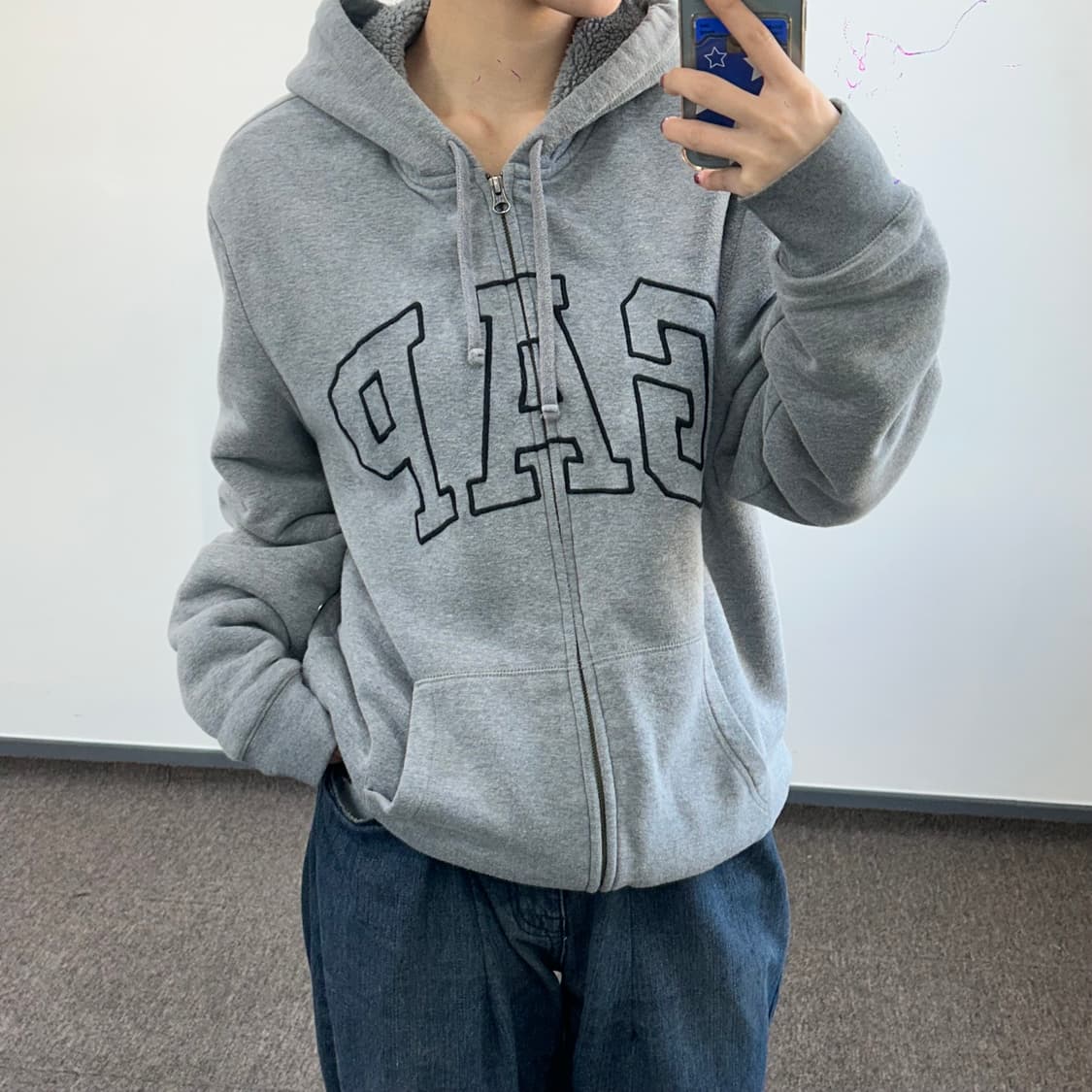 GAP 갭 블랙 로고 퍼 안감 그레이 후드집업  상품이미지1