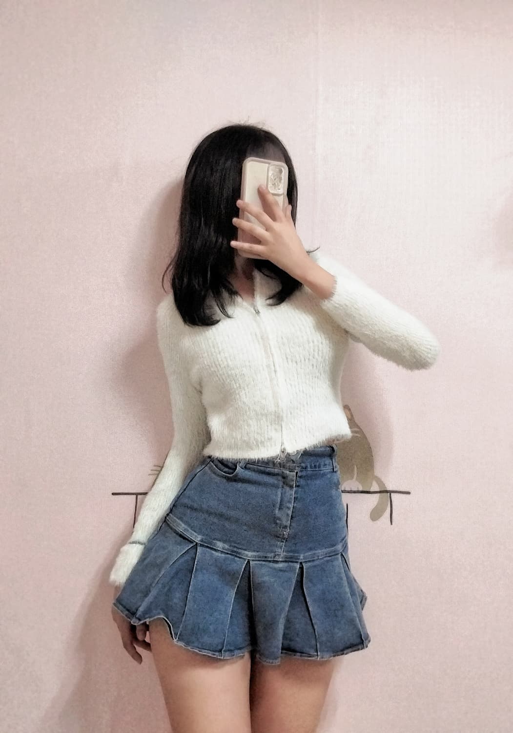 (코디셋♥︎) 크롭 털 가디건 + 데님 플리츠 빈티지 치마바지 상품이미지1