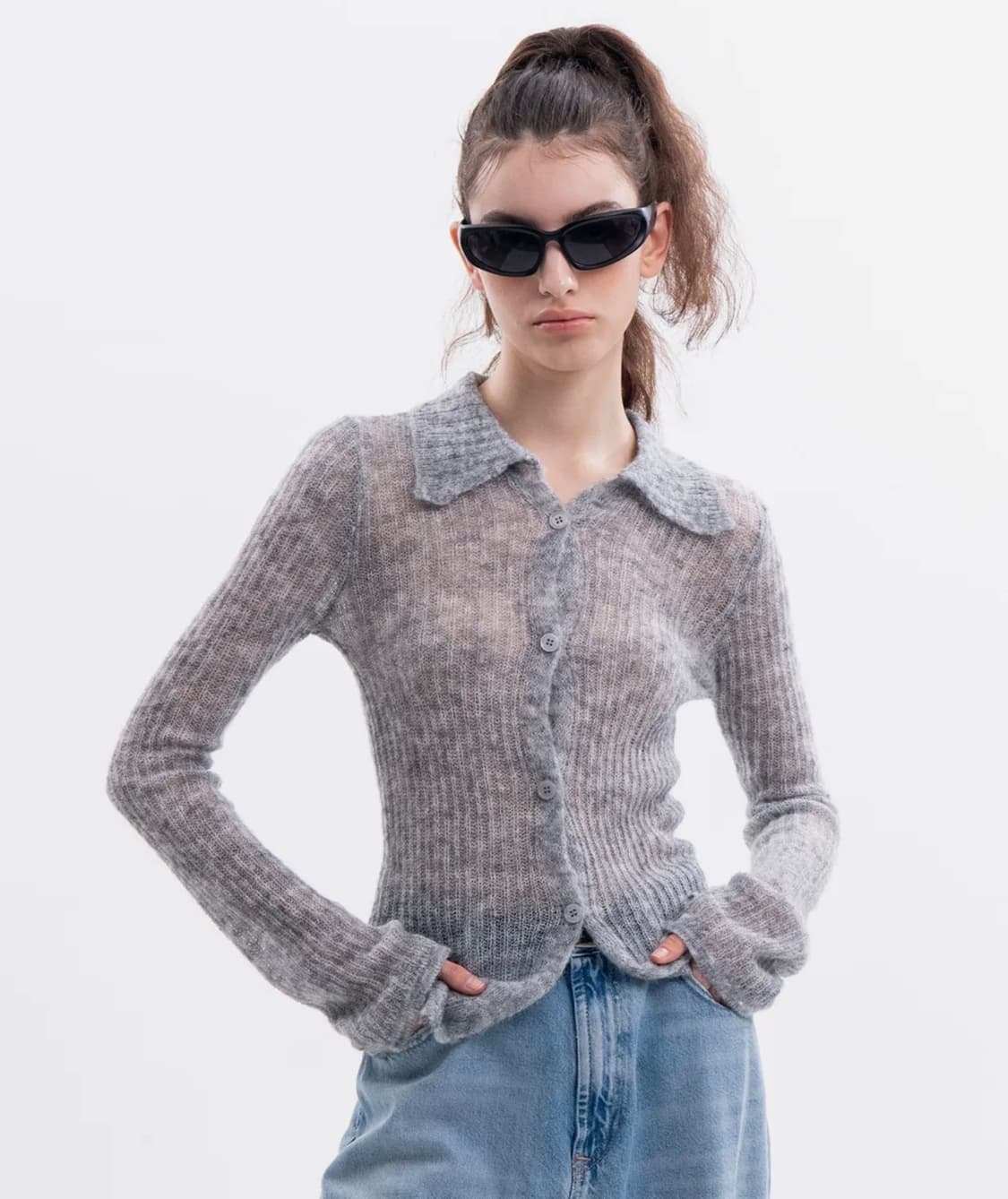 썸플레이스 시스루 슬림핏 니트 슬리브 자켓 상품이미지1