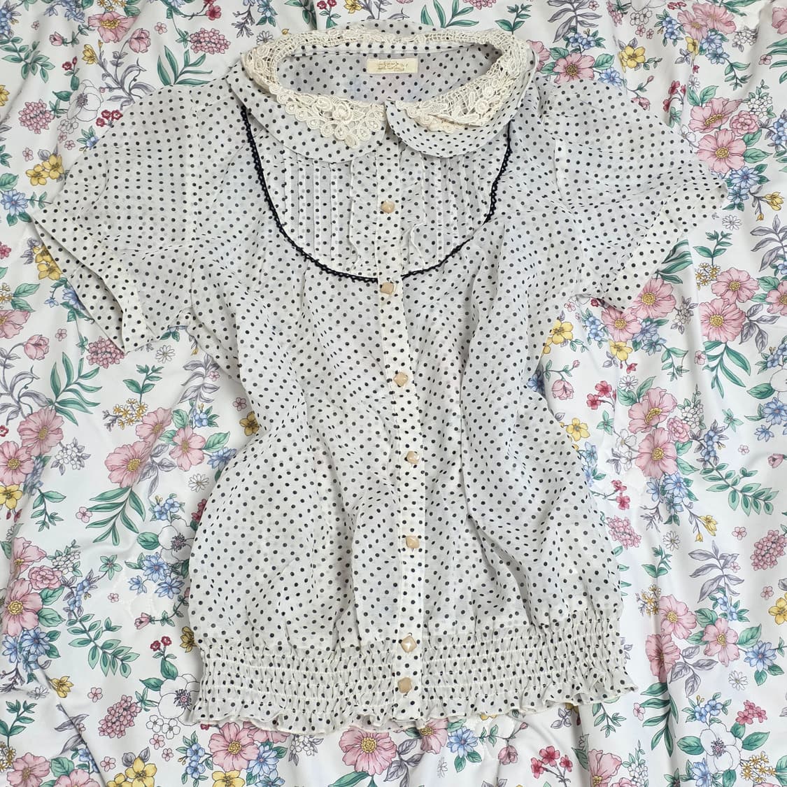 titty&co 일본빈티지)양산형st 모리걸 도트 레이스 벌룬셔츠블라우스 상품이미지1